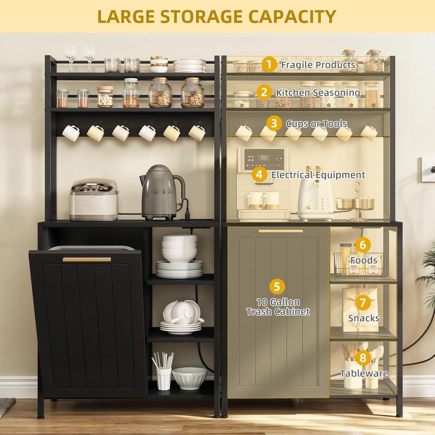 YITAHOME Bakers Rack with Storage Microwave Stand with Trash Can Bin Cabinet and Power Outlet 6-Tiers Coffee Stand Large Microwave Table for Kitchen Dining Room Living Room Black