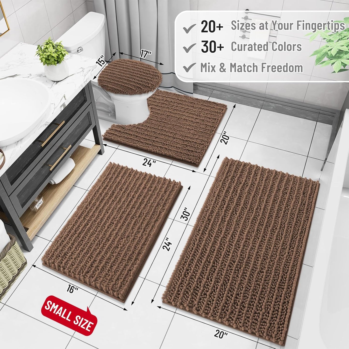 Arotive Luxury Chenille Bathroom Rug Mat, Extra Soft Thick Absorbent Shaggy Bath Rugs, Non-Slip Machine Wash Dry, Plush Bath Mats for Bathroom, Shower and Tub, 24x16, Mocha