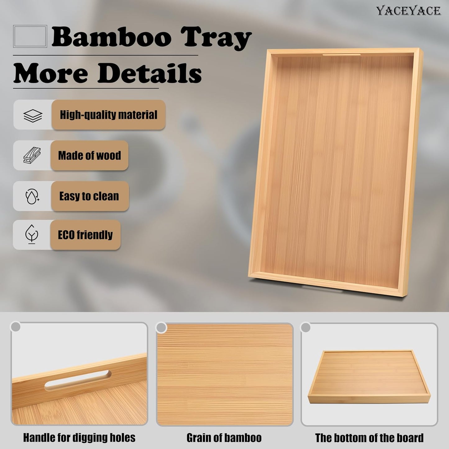 Serving Tray with Handles, 17"x12.5"x1.5" Large Bamboo Serving Tray for Ottoman, Decor Tray for Breakfast, Living Room, Drink, Coffe Table