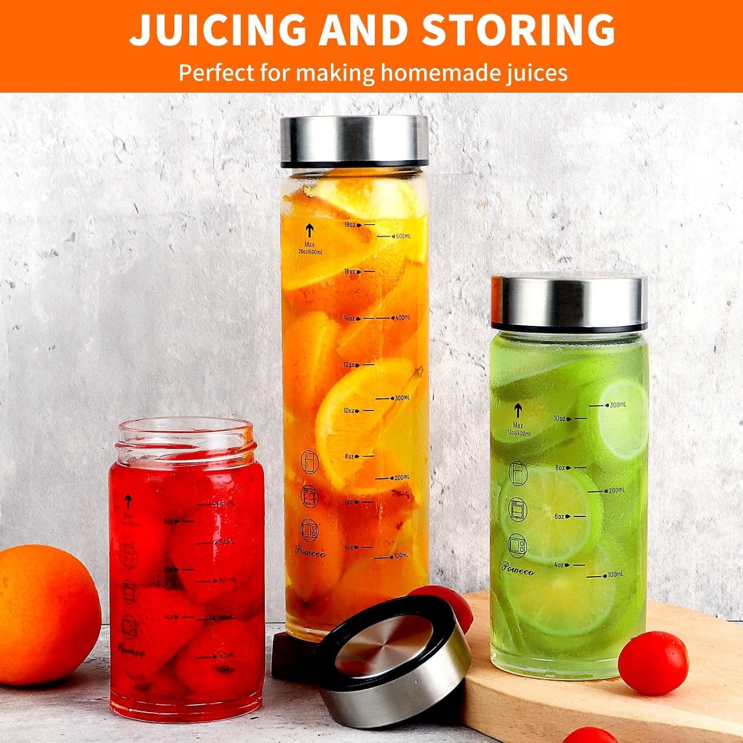 Glass Juice Bottles 4 Pack 20 oz - Wide Mouth Glass Water Bottles with Lids - for Juicing, Protein, Smoothie, Milk, Reusable, BPA Free, Stainless Steel Lids, Blender, Shaker Bottle [20oz/600ml]