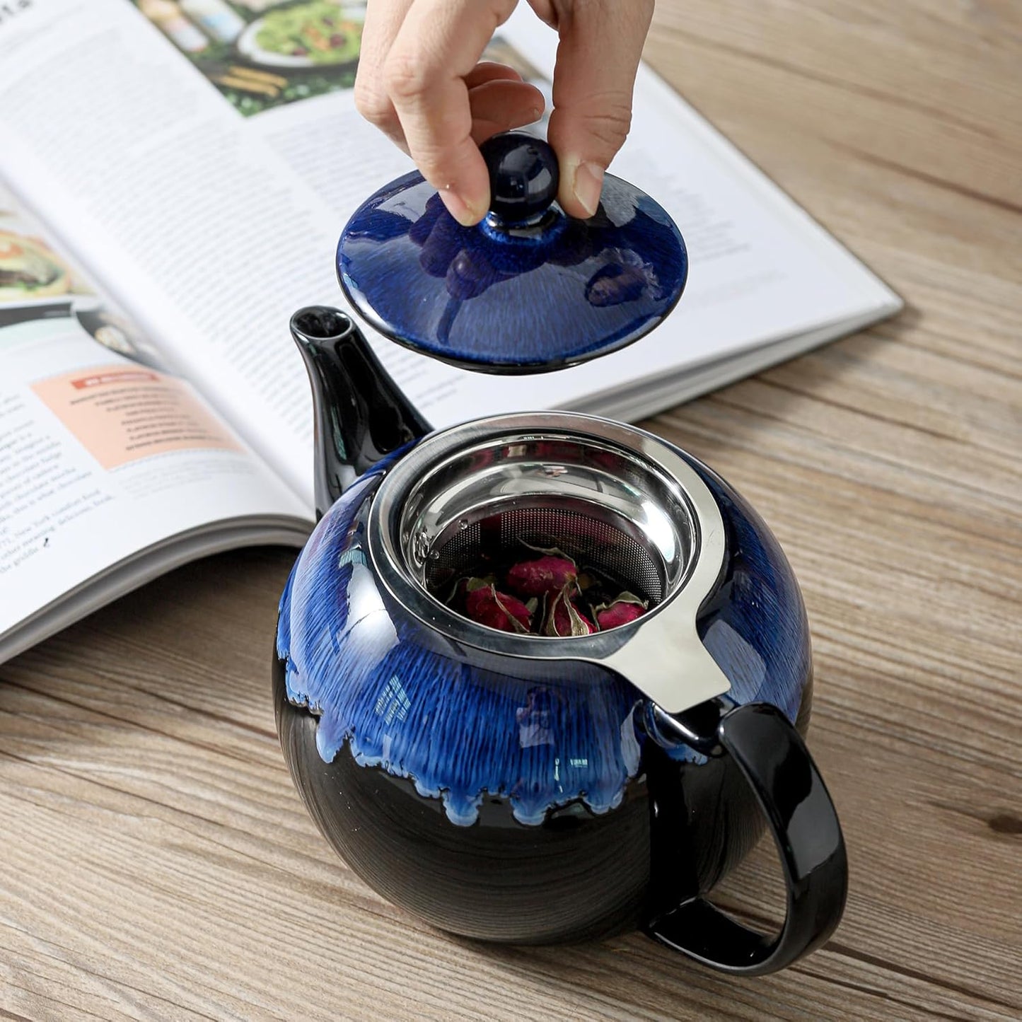 KOOV Tea Pot with Infuser for Loose Tea, 34 ounce Ceramic Teapot with Infuser, Enough For 6 Cups, Tea Pots with Tea Strainers for Tea Party, Reactive Glaze (Nebula Blue)