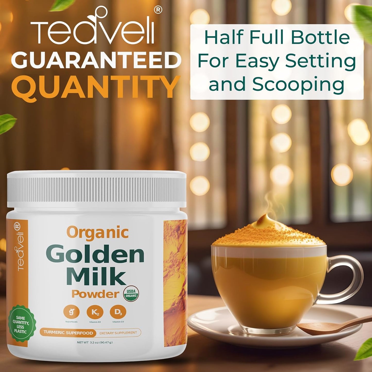 Organic Golden Milk Powder with Vitamins D3 & K2, Turmeric, Ginger, Curcumin, Cinnamon, KSM66 Ashwagandha, Holy Basil & Natural Prebiotics– Delicious Unsweetened Turmeric Tea Latte - 3 Pack