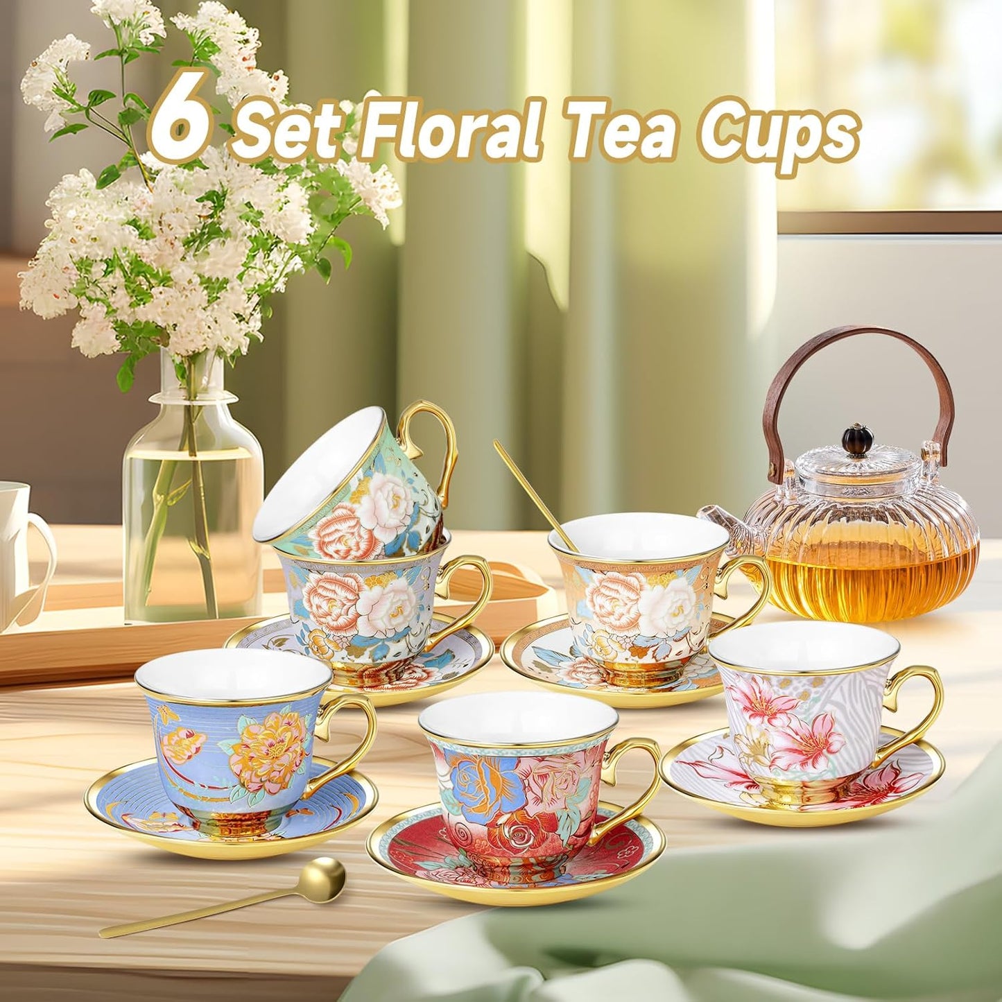 Tea Cups and Saucers Sets of 6, 8 Oz Floral Tea Cups with Spoons Ceramic Cup and Saucer Set for Cappuccino, Espresso, Coffee, Cafe, Latte, Tea for Tea Birthday