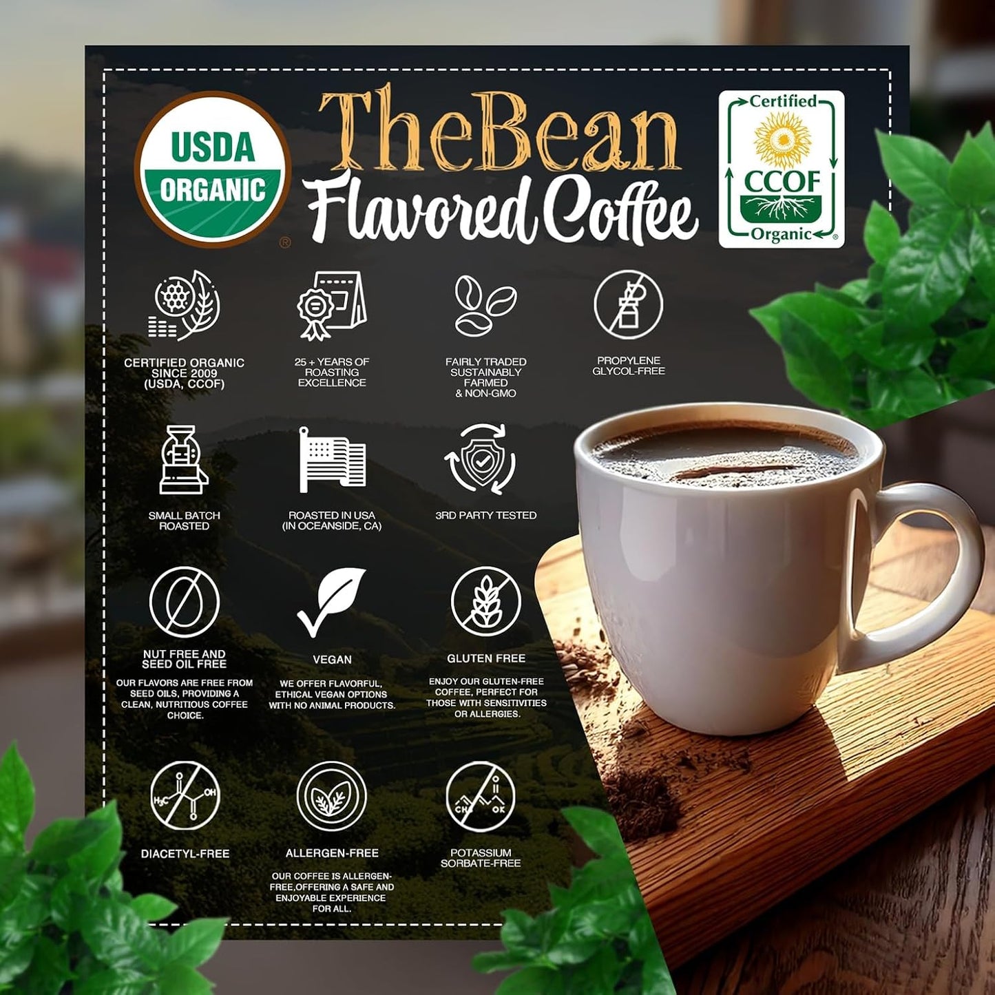 The Bean Organic Coffee Company Vanilla Bean, Medium Roast, Ground Coffee, 16-Ounce Bag,Café molido tostado organico