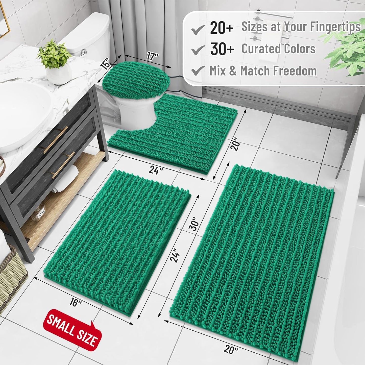Arotive Luxury Chenille Bathroom Rug Mat, Extra Soft Thick Absorbent Shaggy Bath Rugs, Non-Slip Machine Wash Dry, Plush Bath Mats for Bathroom, Shower and Tub, 47x24, Emerald