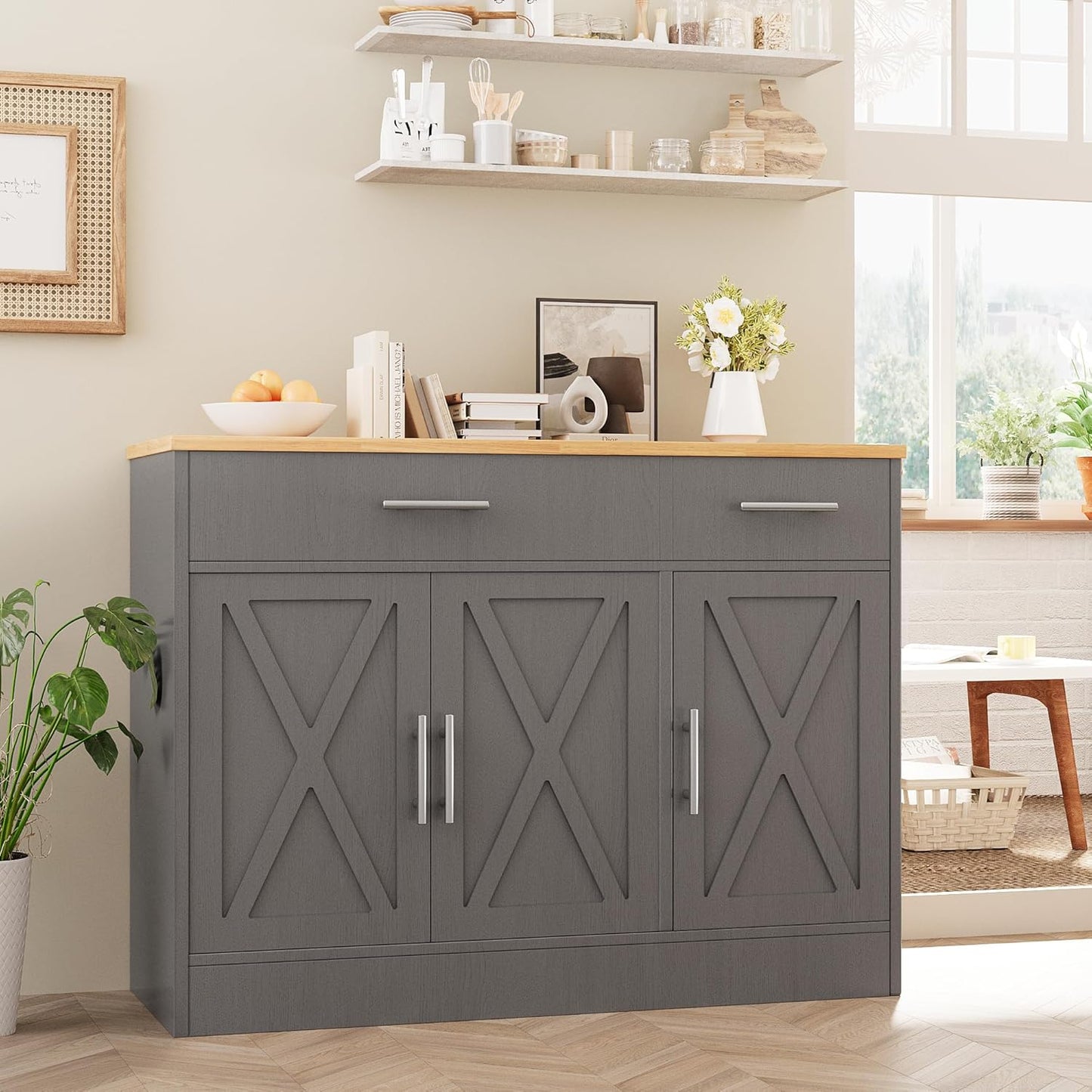 Vongrasig 43” Sideboard Buffet Cabinet with Storage, Farmhouse Coffee Bar with Drawers and Shelves, Wood Buffet Table for Kitchen Dining Room, Living Room, Grey