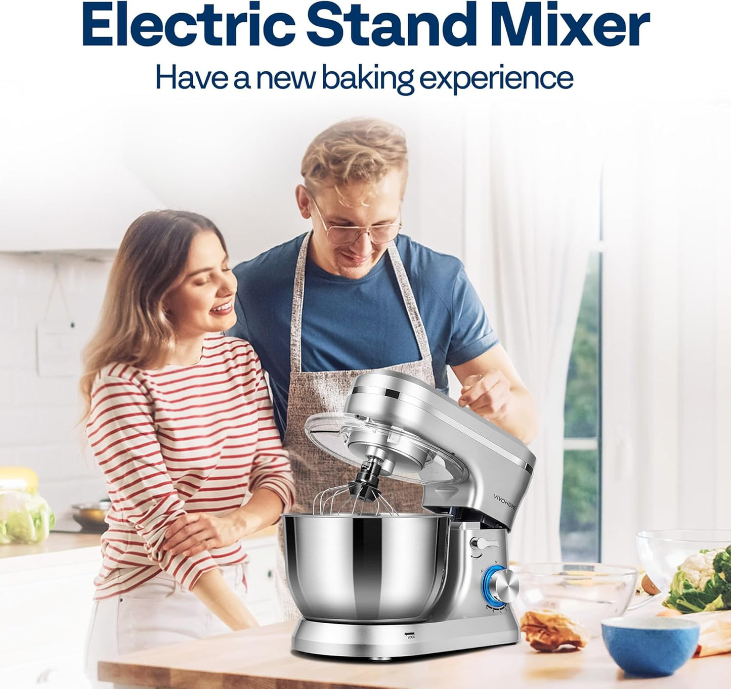 VIVOHOME 4.75 Quart Stand Mixer, 8 Speed Kitchen Electric Food Mixer, Household Stand Mixer for Baking, Cake, Bread with Beater, Dough Hook, Wire Whip and Egg Separator, Silver