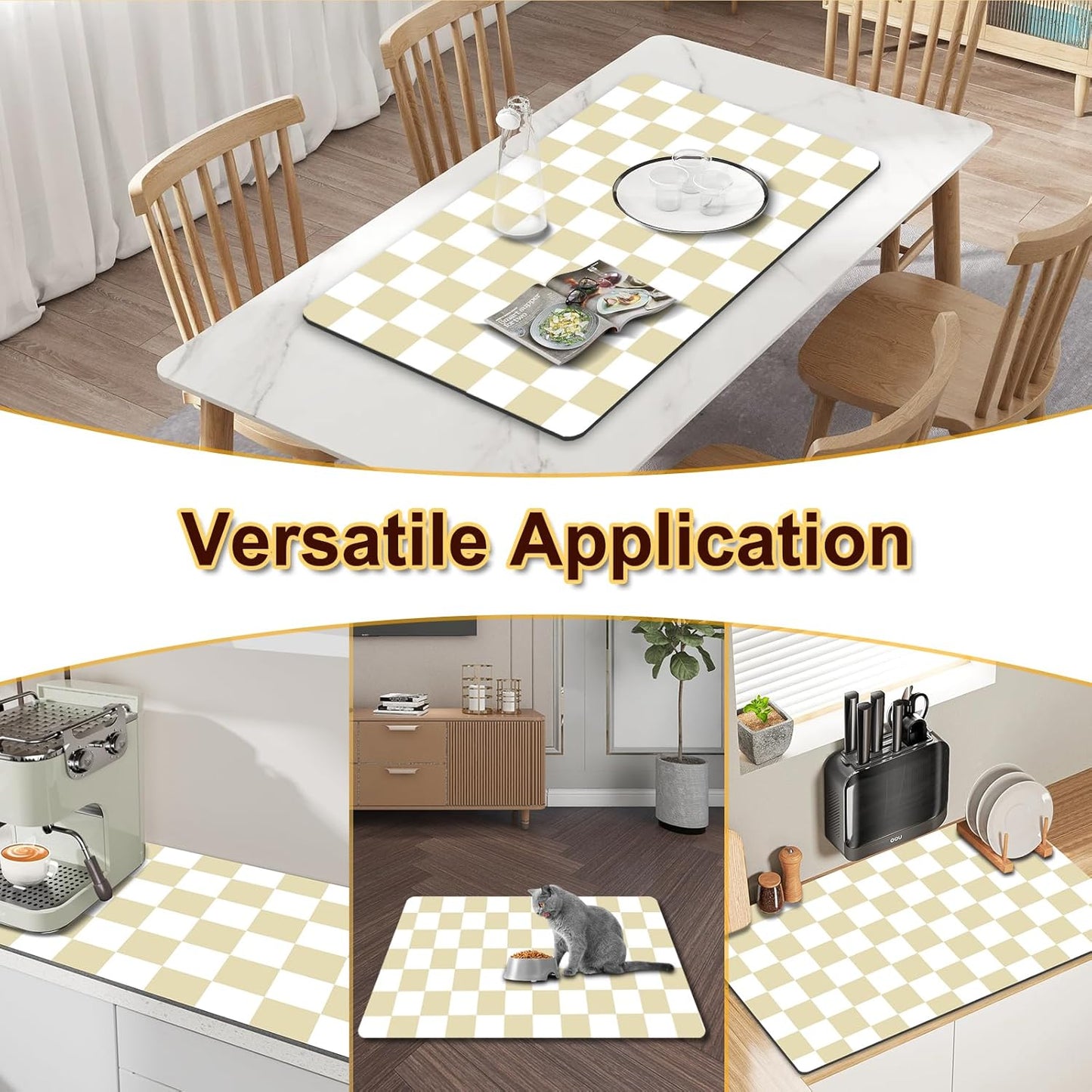 Dish Drying Mat for Kitchen Counter, 16.5’’ X 31.5’’ Absorbent Coffee Mat, Checkered Coffee Bar Mats for Espresso Machine Station, Hides Stains, Rubber Backed Dish Drying Pad, Beige & White