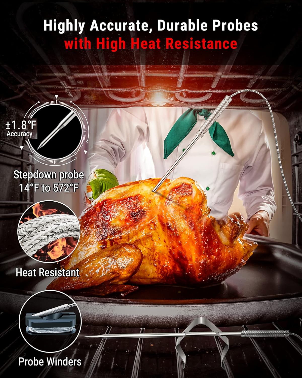 ThermoPro TP826 500FT Wireless Meat Thermometer, Dual Meat Probe Cooking Thermometer with HI/Low Alert, Food Grill Temperautre probe, Outdoor Fryer Accessories for BBQ, Smoker, Oven, Grilling Gift