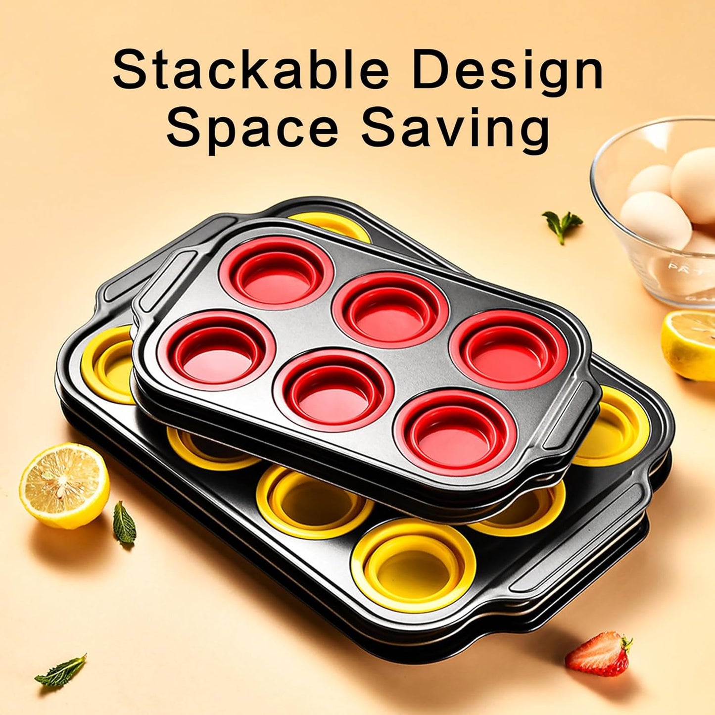 Silicone Muffin Pan, Silicone Cupcake Pan for Baking, 12 Cup Muffin Pans for Oven with Metal Frame, Non Stick Baking Cups with Press To Release Design, Cake Pop Mold, Egg Bites Mold, Red