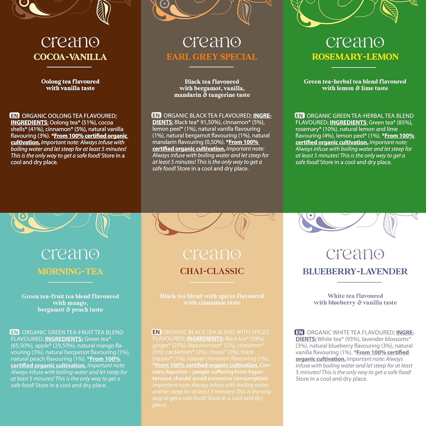 Creano Organic Tea Gift Set – 48 Organic Tea Bags in 6 Dreamy Varieties – 96 g*