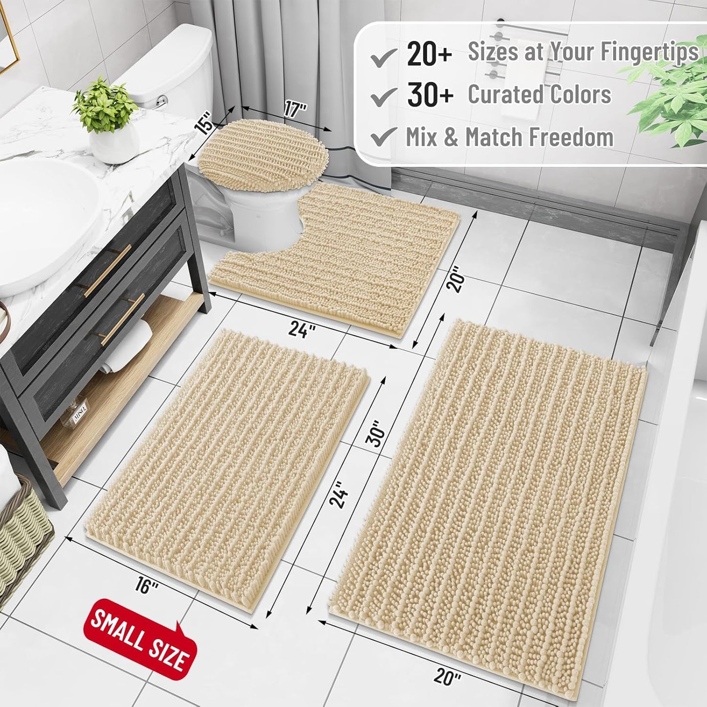 Arotive Luxury Chenille Bathroom Rug Mat, Extra Soft Thick Absorbent Shaggy Bath Rugs, Non-Slip Machine Wash Dry, Plush Bath Mats for Bathroom, Shower and Tub, 30x20, Cream Beige