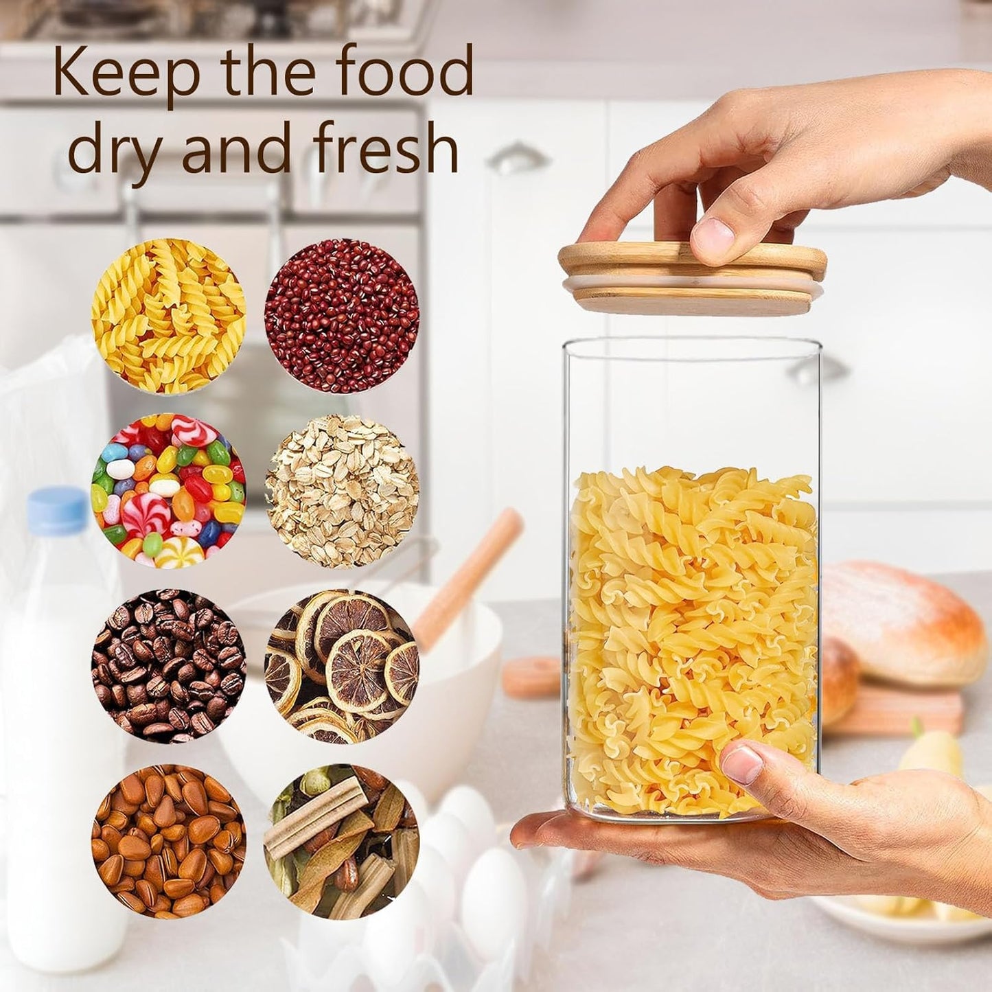 50oz Square Glass Storage Containers with Lids, Clear Food Storage Container Jar with Sealing Bamboo Lid for Noodles Flour Cereal Rice Sugar Tea Coffee Beans,Square Set of 3