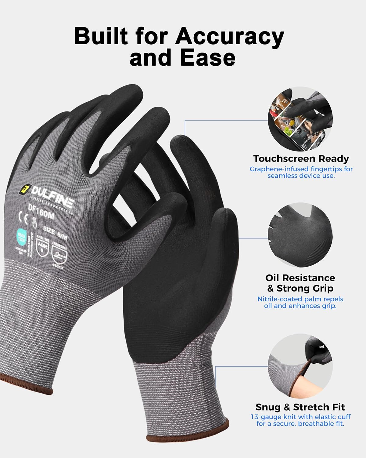 DULFINE Safety Work Gloves MicroFoam Nitrile Coated-24 Pairs Pack,Seamless Knit Nylon Glove with Black Micro-Foam Nitrile Grip,Ideal for General Purpose,Automotive,Home Improvement,Painting(Large)