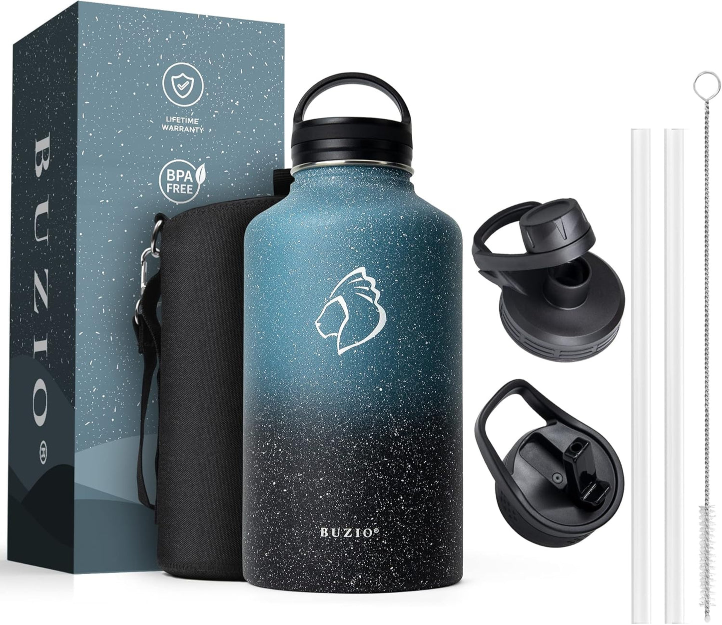BUZIO 64 oz Water Bottle Insulated with Straw & 3 lid and Carrying Pouch, Leak Proof Half Gallon Stainless Steel Water Flask Jug, Cold for 48 Hrs Double Vacuum Thermo Canteen, BPA-Free, Starry Indigo