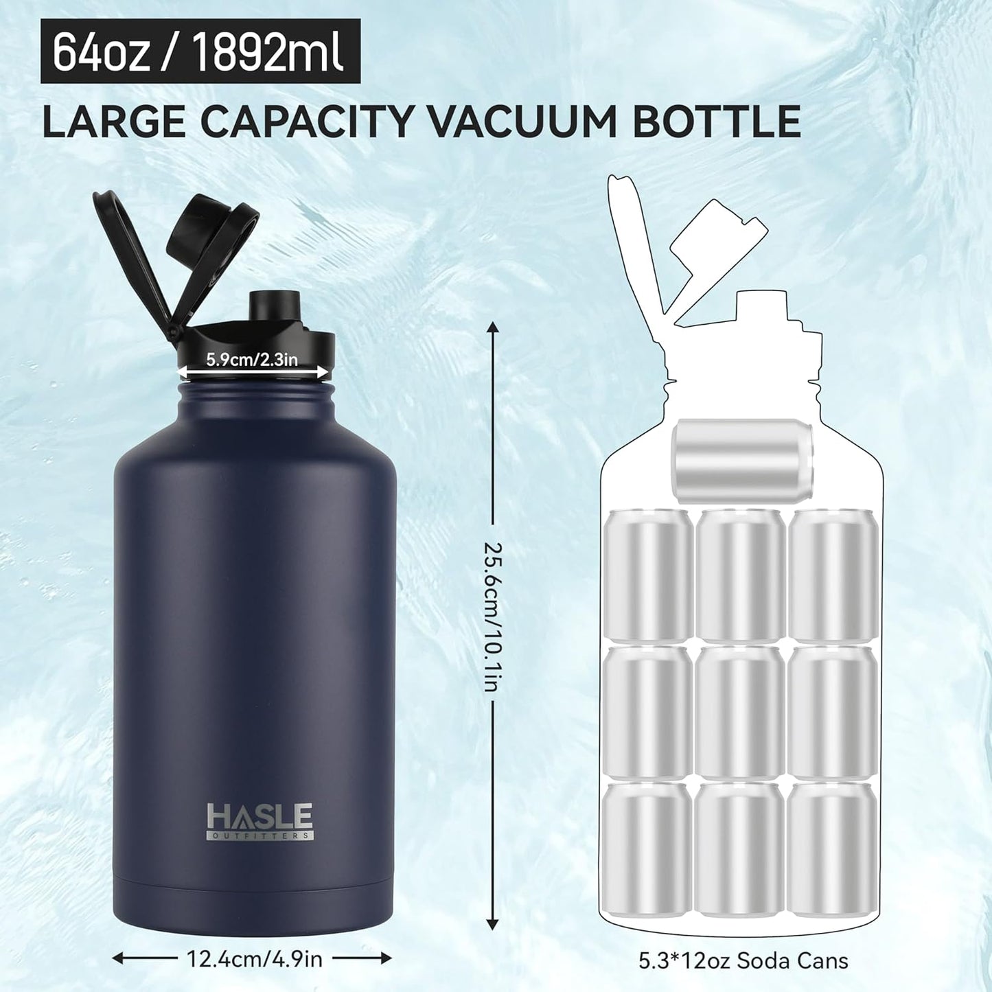 HASLE OUTFITTERS Half Gallon Insulated Water Bottles 64 oz, Stainless Steel Metal Water Jug with 2 Lids Keep Cold 48h/Hot 24h, Leak Proof & BPA-Free Water Flask Jug(Navy,1)
