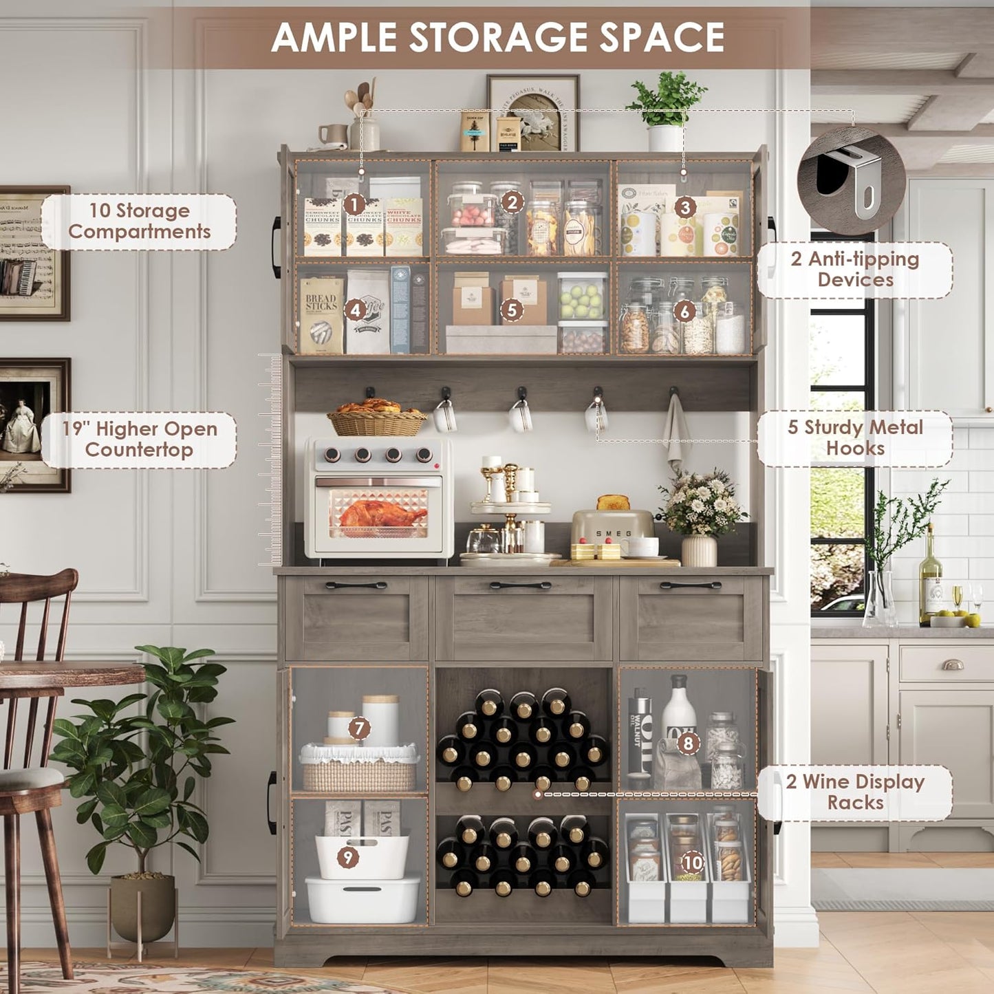 HIFIT 72" Kitchen Pantry Hutch Cabinet with Storage, Farmhouse Wood Coffee Bar with Wine Rack and Microwave Stand, Tall Storage Cabinet with Barn Doors and Shelves for Dining Living Room, Ash Grey