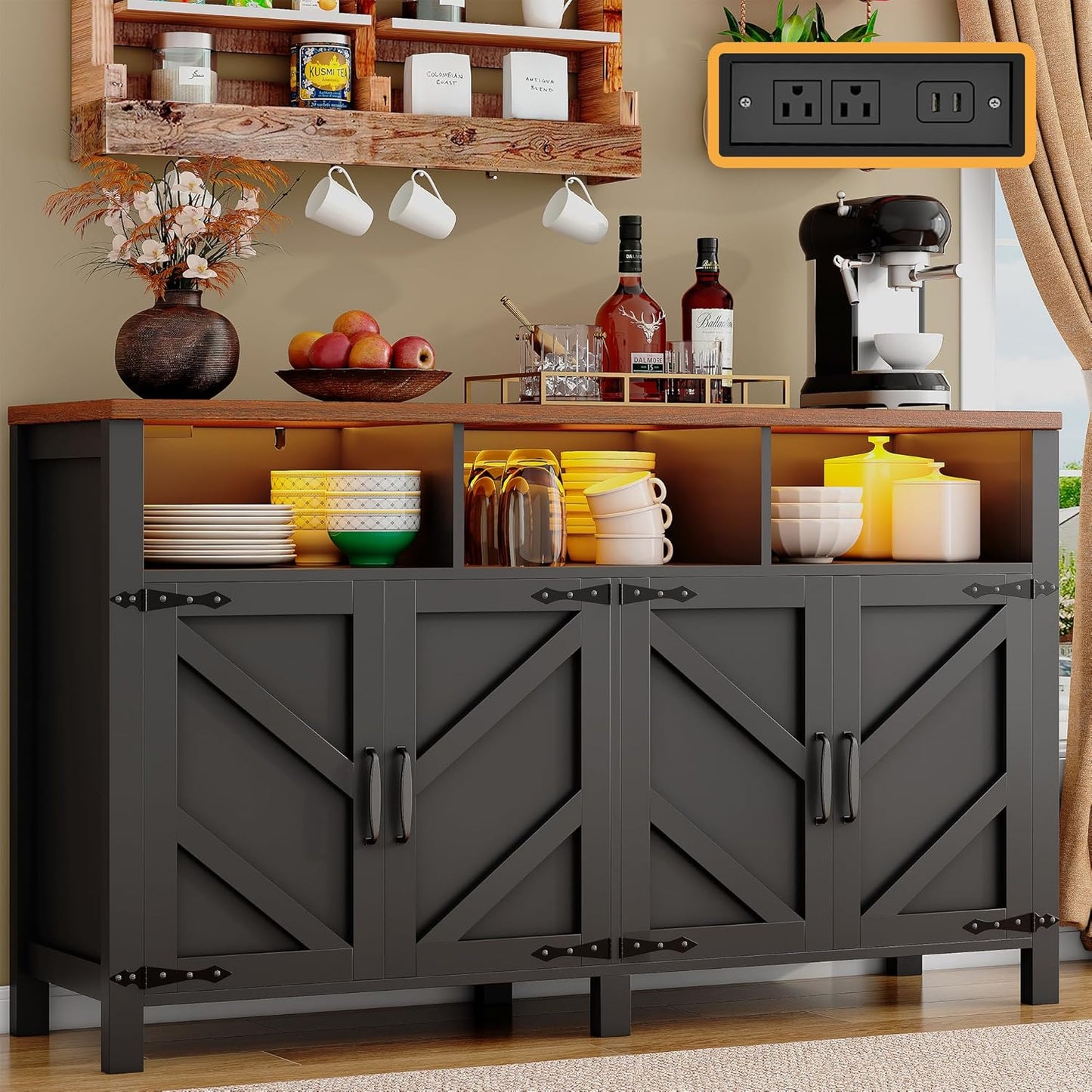Buffet Sideboard with Storage with Power Outlets & LED Light 4 Doors, 55'' Large Farmhouse Kitchen Storage Cabinet Wood Coffee Bar Cabinet Buffet Table for Kitchen, Dining Room, Entryway