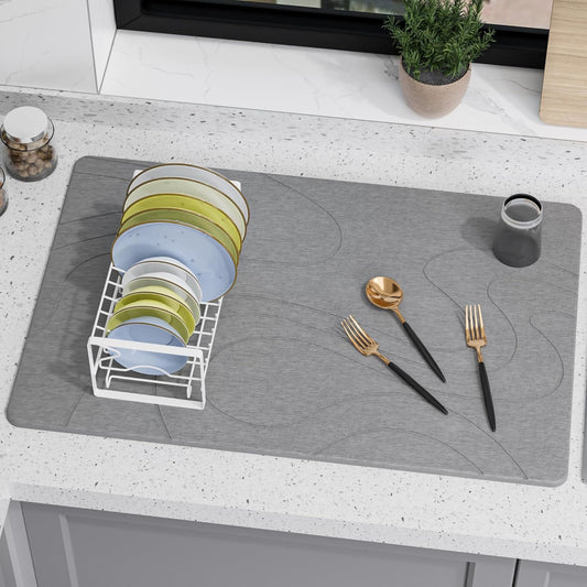 Large Stone Drying Mat for Kitchen Counter, 24" ¡¿ 16" Diatomite Dish Drying Mat, Quick Dry Stone Mats, Ultra Absorbent Natural Diatomaceous Earth Mats for Dished, Bottles, Dark Grey