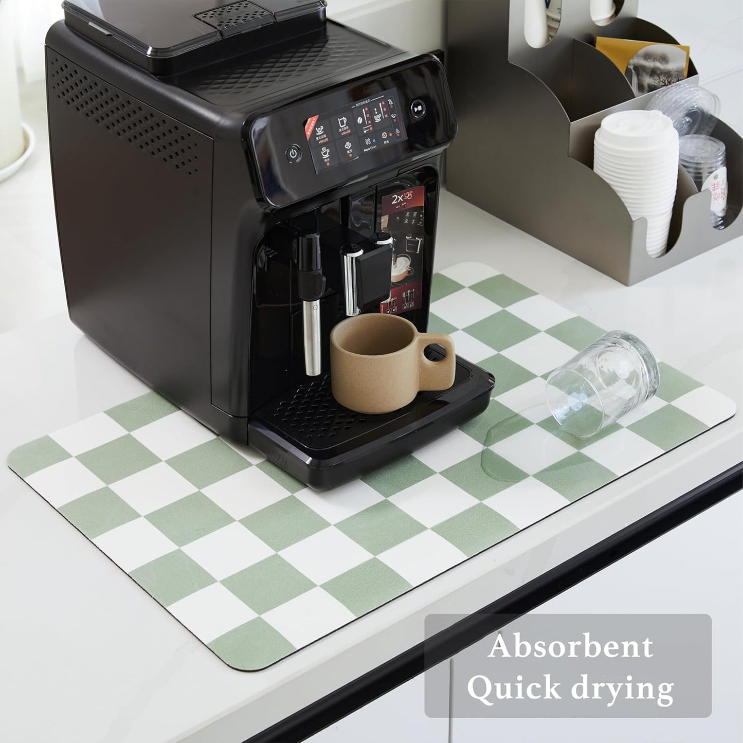 Checkered Dish Drying Mat for Kitchen Counter, Coffee Bar Station Accessories, Retro Cute Aesthetic Modern Absorbent Drainer Mat Kitchen Drying Mat Easy Clean, Sage 12" x 19"