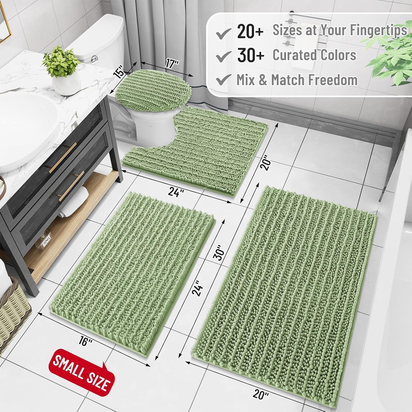 Arotive Luxury Chenille Bathroom Rug Mat, Extra Soft Thick Absorbent Shaggy Bath Rugs, Non-Slip Machine Wash Dry, Plush Bath Mats for Bathroom, Shower and Tub, 40x32, Sage Green
