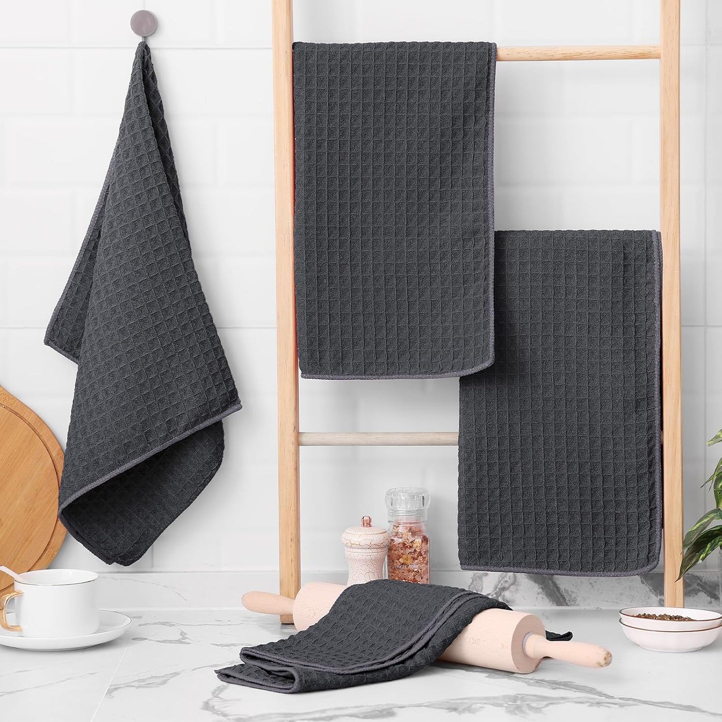 Homaxy Microfiber Waffle Weave Kitchen Towels, 16 x 28 Inch Ultra Absorbent and Solid Color Dish Towels, 8 Pack, Dark Grey