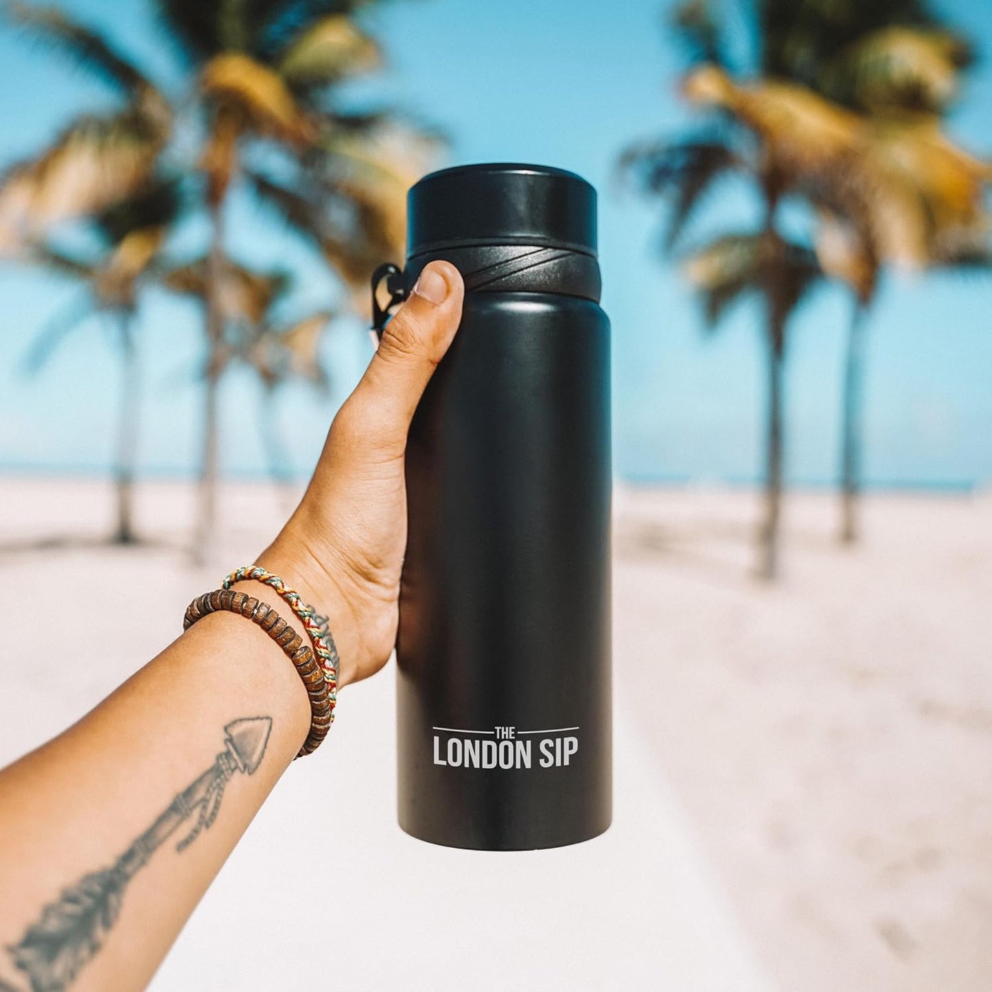 London Sip 25 oz Multi-Function Travel Mug and Tumbler Tea Infuser Water Bottle Fruit Infuser Flask Hot and Cold Double Wall Stainless Steel Coffee Thermos, Zen Black, Pack of 2