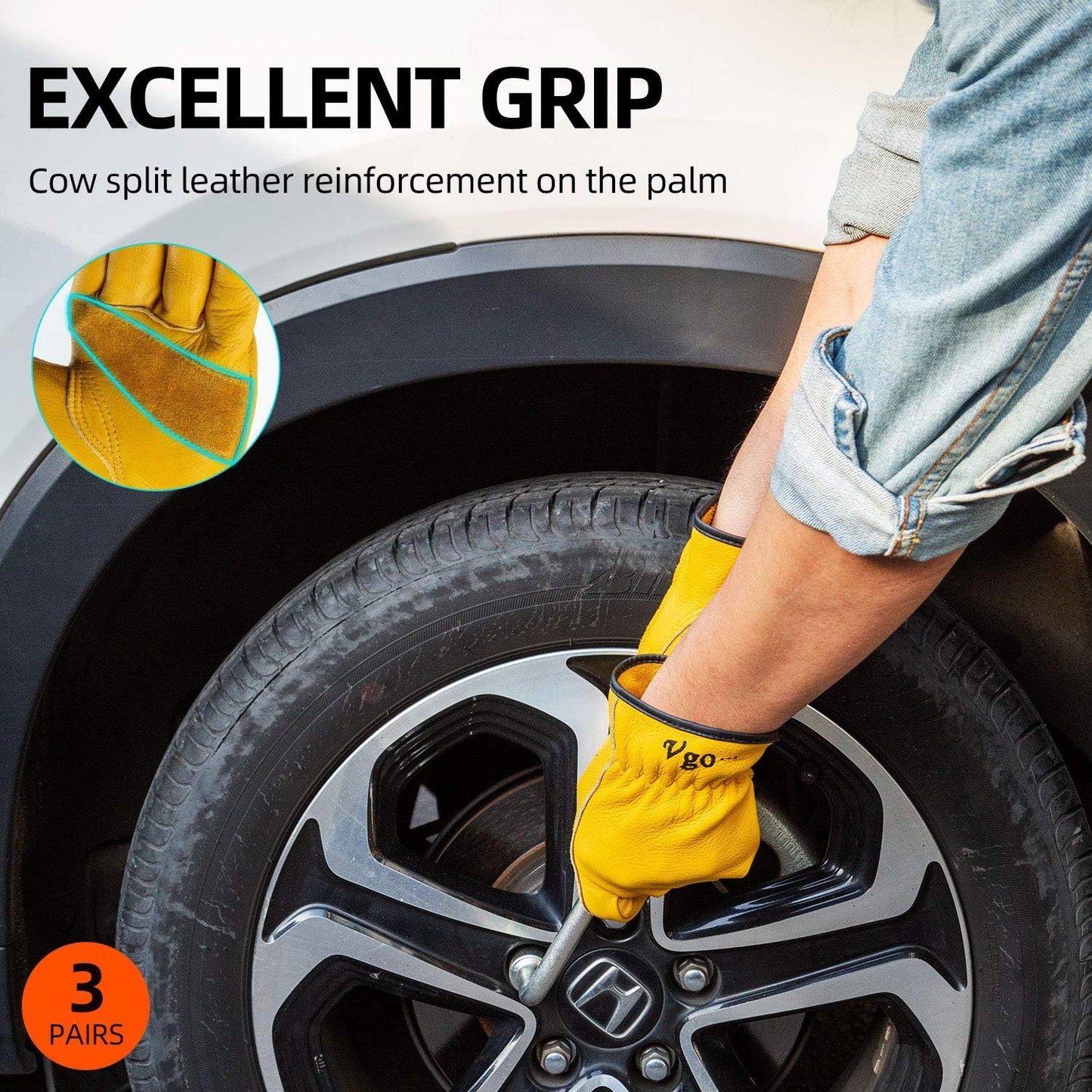 Vgo 3-Pairs Unlined Cow Grain Leather Work and Driver Gloves with Cow Split Leather Palm Patch (Size XL, Gold,CA9590)