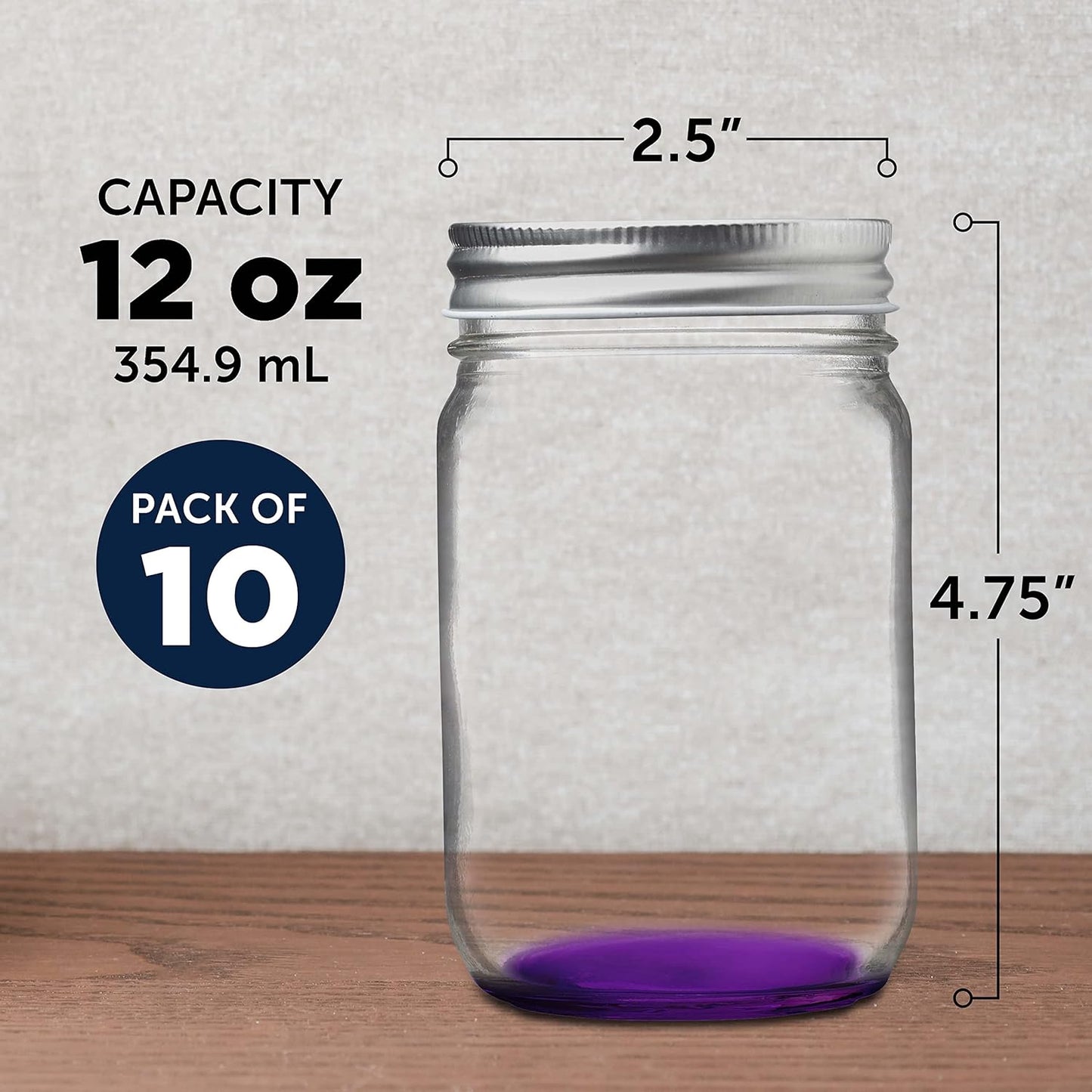 DISCOUNT PROMOS 10 Decorating Mason Jars Set, 12 oz. - Canning, Aluminum Lid - Purple