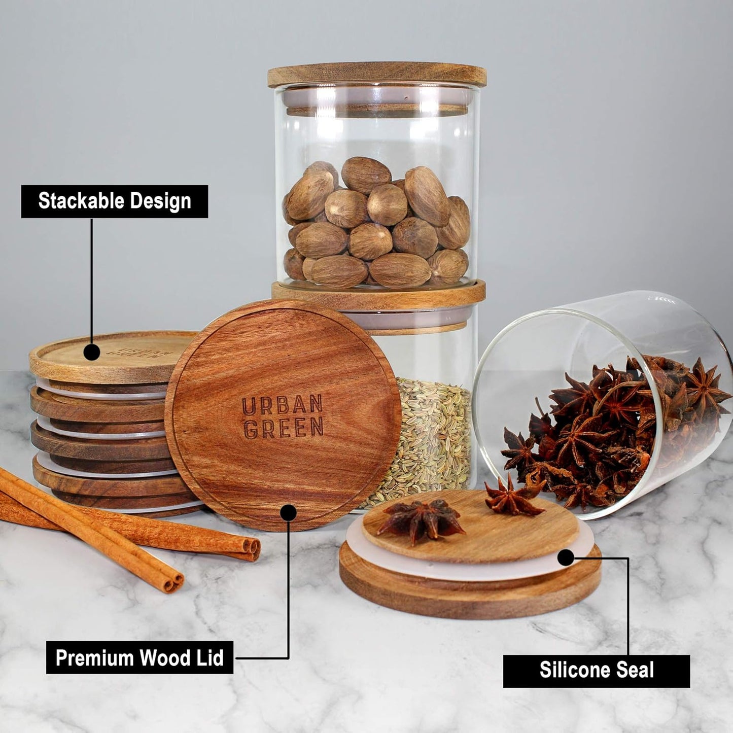 Urban Green Glass Jars with Airtight Lids, Airtight Glass Canisters set, Large Food Storage Containers with Wood Lids, 2 Pack of 100oz， Dry Food Pantry Jars, Flour Containers