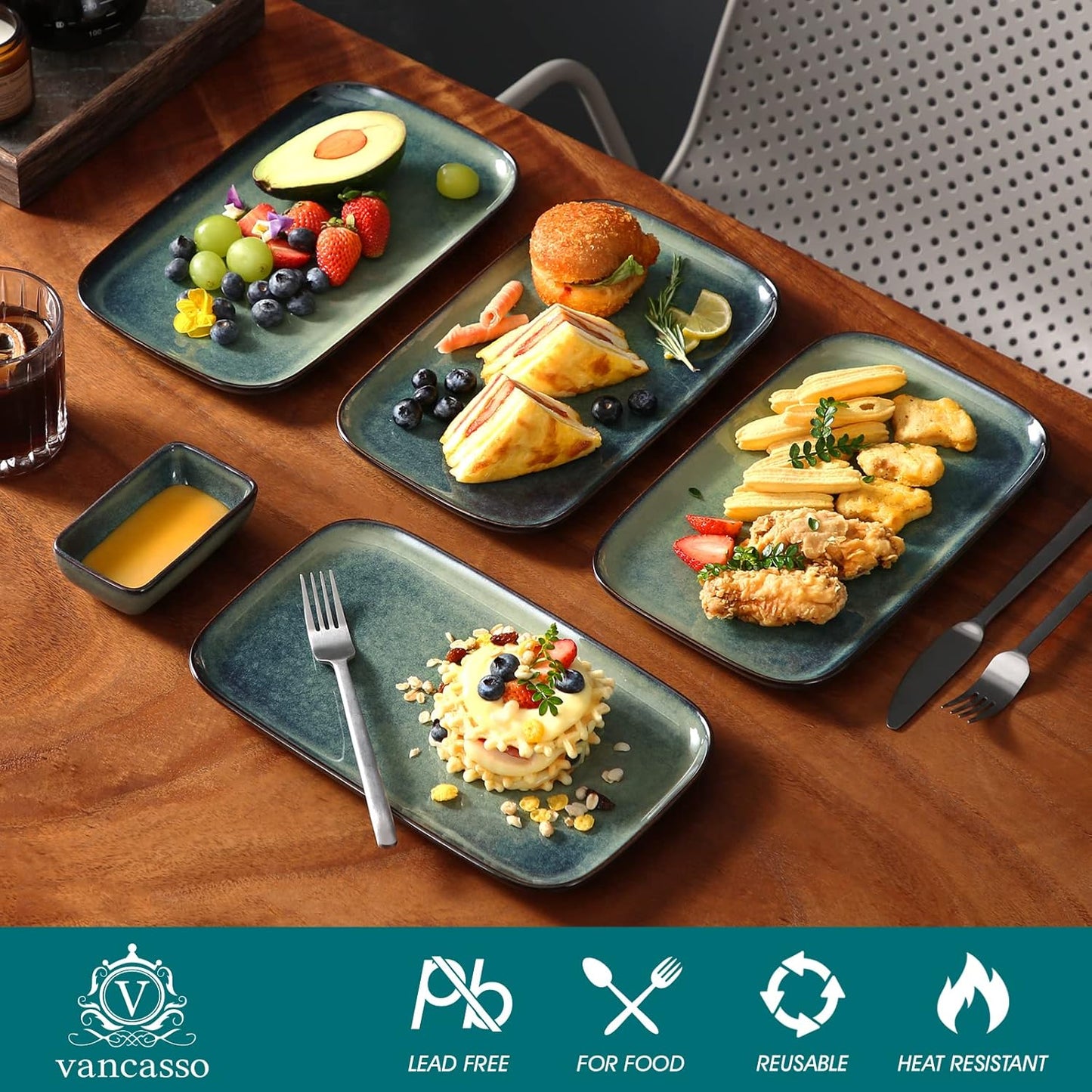 vancasso Stern Serving Platters Set of 4, 11 Inches Rectangular Ceramic Serving Plates, Green Serving Trays for Entertaining
