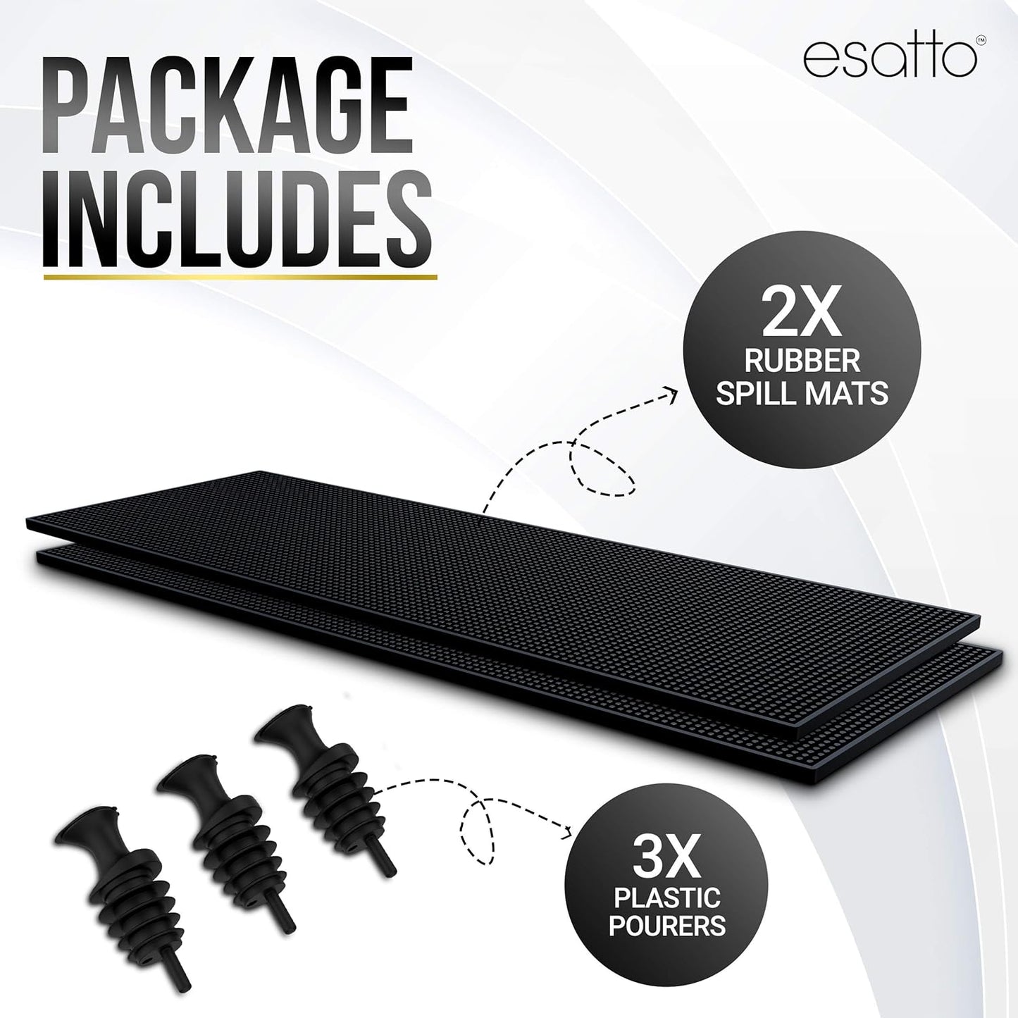 Esatto 23.375¡± x 7.75¡± Double Width Professional Spill Bar Supply Mat Bartender Non-Slip Black Bar Mat Coffee Drinks Mixing Pad for Bars, Home, Kitchen, Restaurants (2 Pack, Black) Includes 3 Pourers