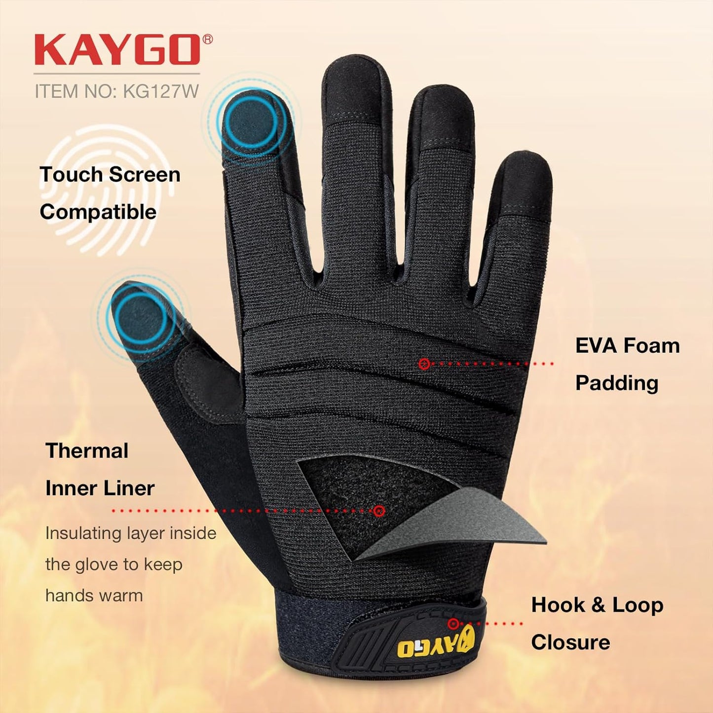 KAYGO Insulated Mechanic Work Gloves,KG127W Winter Thermal Safety Work Gloves for Men and Women, Double Lining,Heavy duty,Improved dexterity,Excellent Grip,Ideal for outdoor jobs,L