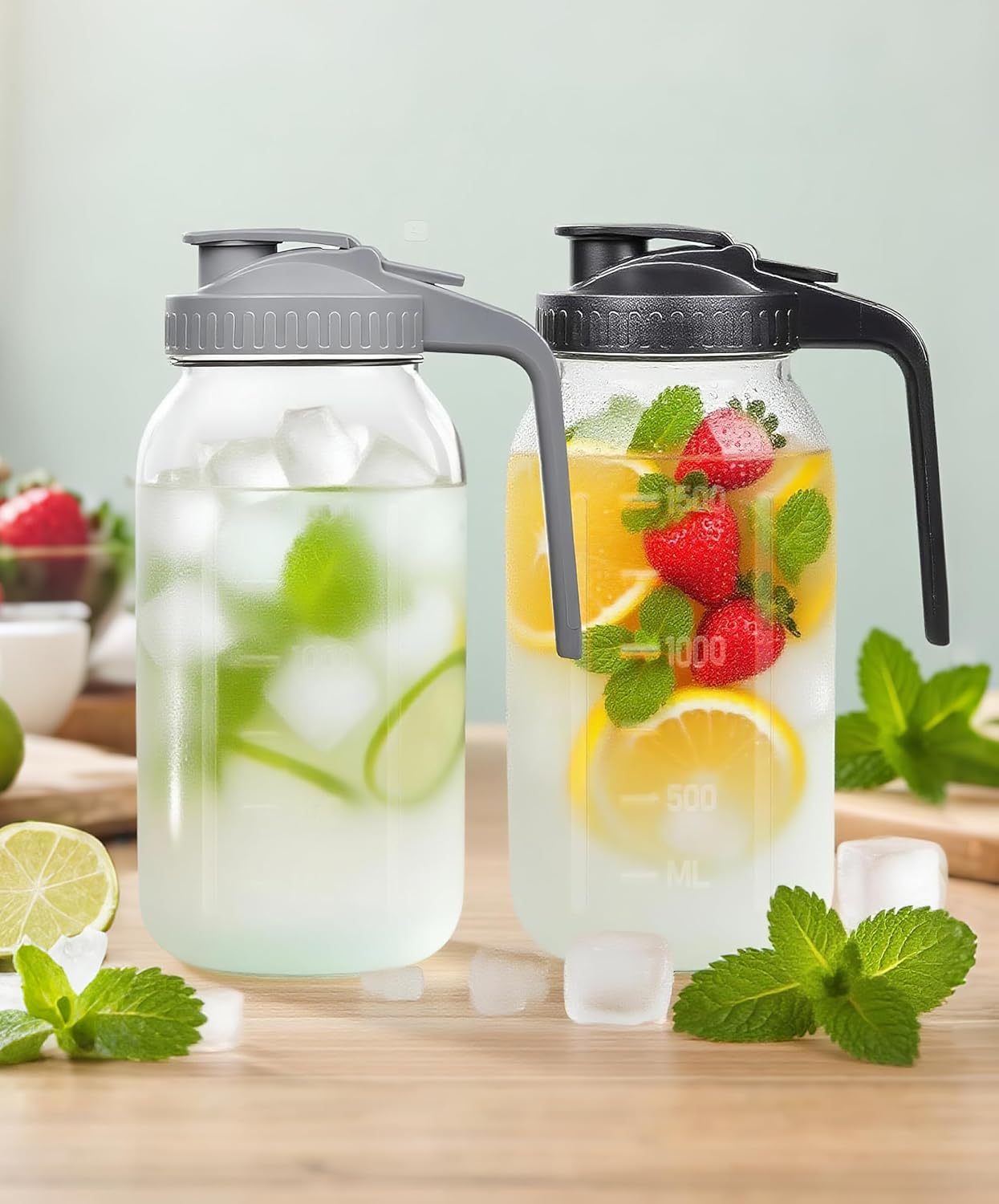 2 Quart Wide Mouth Glass Pitcher with Lid, 64oz Mason Jar Pitcher, Leak-proof Iced Tea Pitcher,Heavy Duty Container for Fridge Sweet Tea,Juice,Cold Brew Coffee,Breastmilk Storage Drinks-1PACK/Black