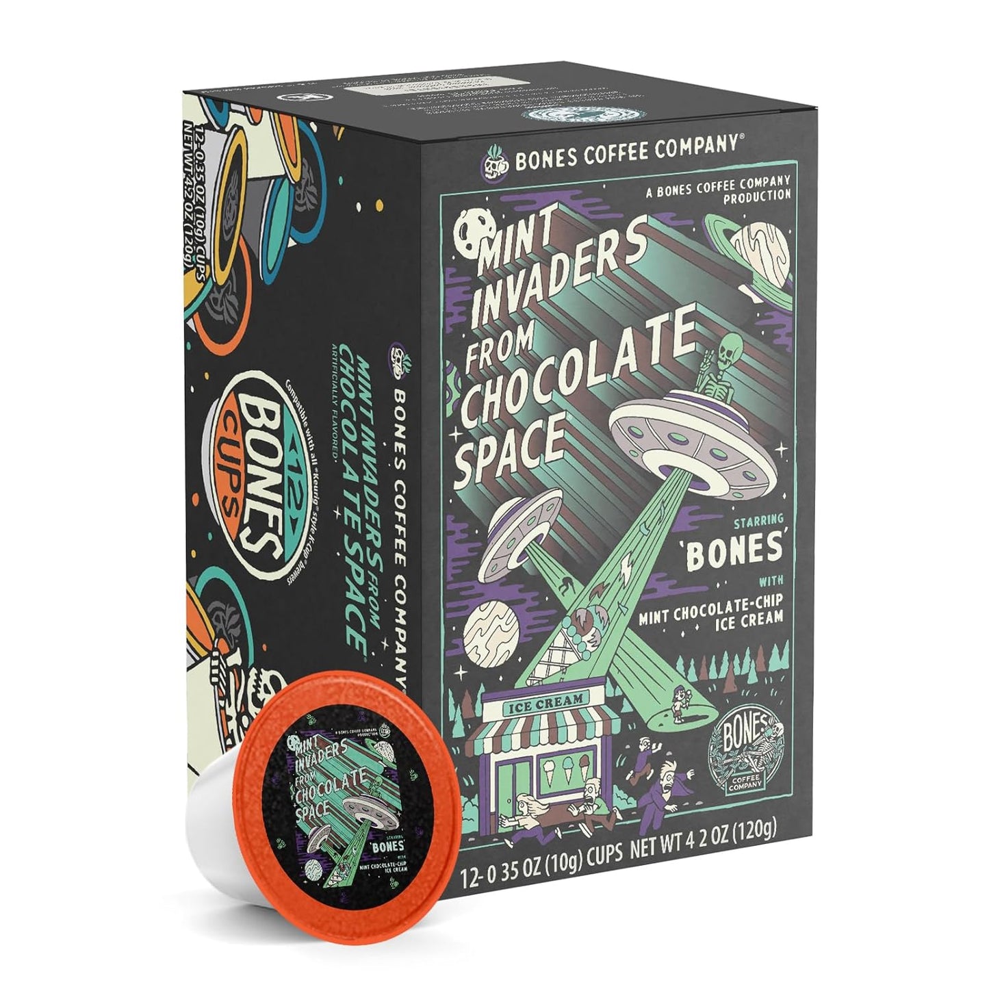 Bones Coffee Company Mint Invaders, Mint Chocolate Chip Flavored Coffee Pods, Low Acid Medium Roast Single-Serve Bones Cups, Compatible with Capsule Brewers Coffee Maker, 12 Count