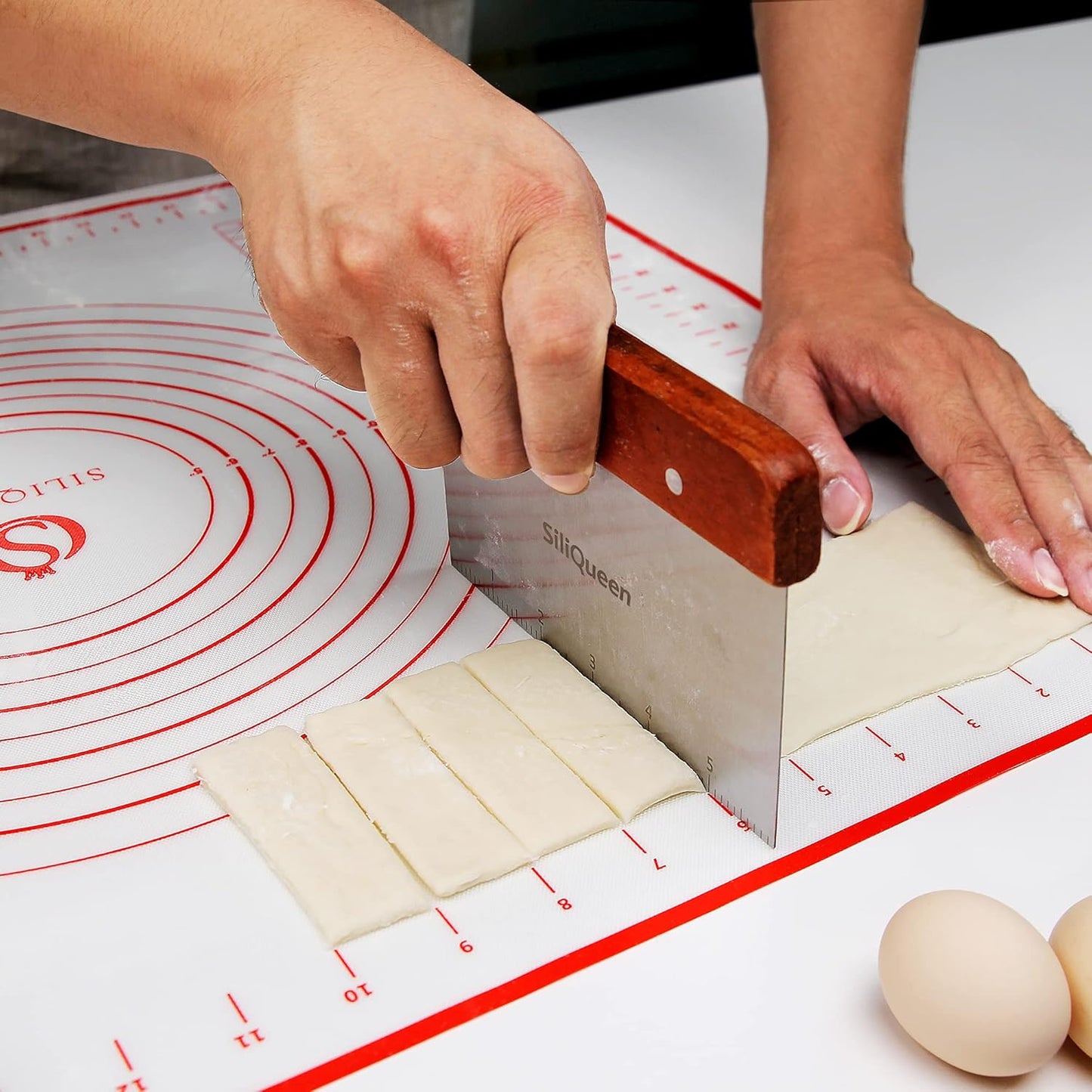Silicone Pastry Baking Mat with Measurements Extra a Brush and a Dough Scraper - 31.5” x 23.6” Heat Resistant, BPA Free, Non-Stick Non-Slip Pastry Mat for Rolling Dough - Easy to Clean, Red