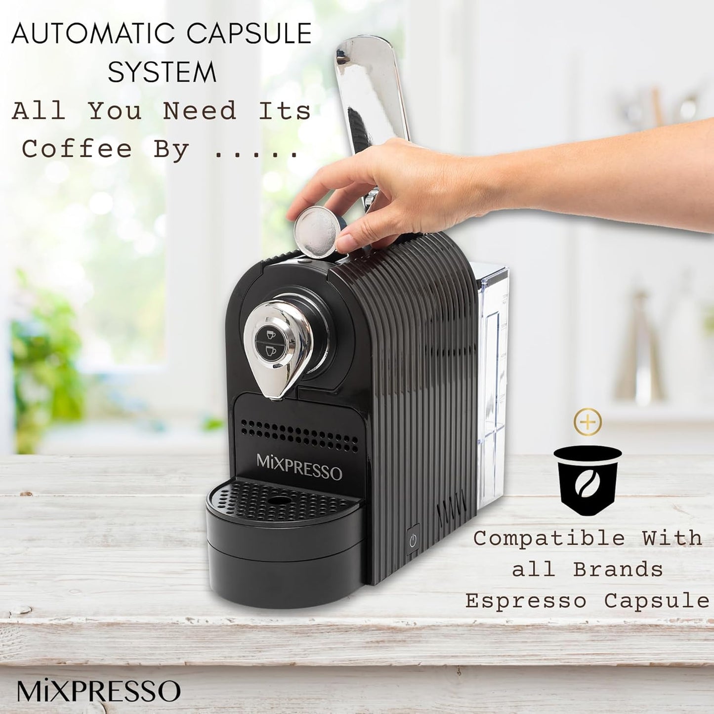 Mixpresso Black Espresso Coffee Machine – Compact 1400W Single Serve Coffee Maker Compatible with Nespresso OriginalLine Capsules, One-Touch Operation, 19-Bar Italian Pump, 27oz Water Tank