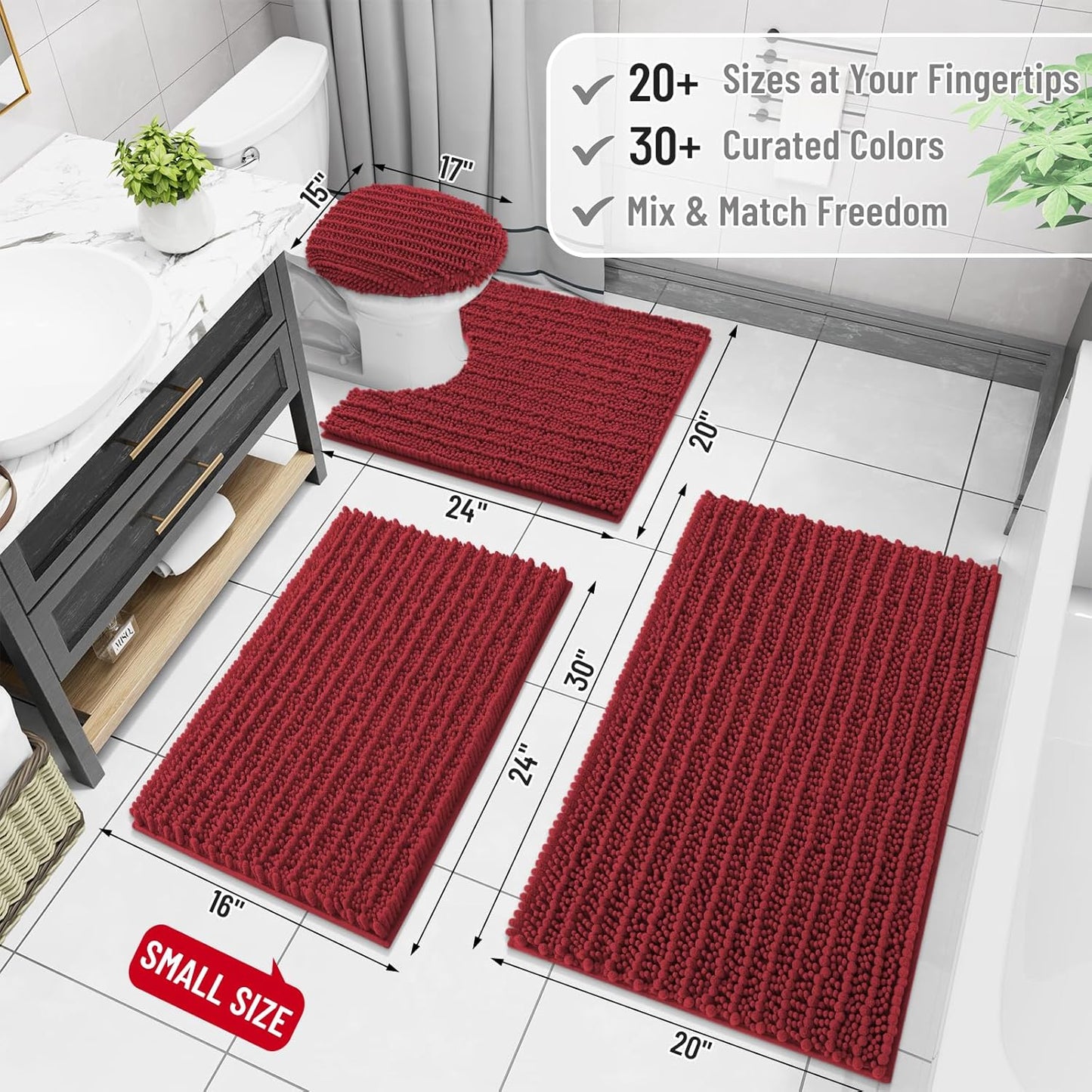 Arotive Luxury Chenille Bathroom Rug Mat, Extra Soft Thick Absorbent Shaggy Bath Rugs, Non-Slip Machine Wash Dry, Plush Bath Mats for Bathroom, Shower and Tub, 30x17, Red