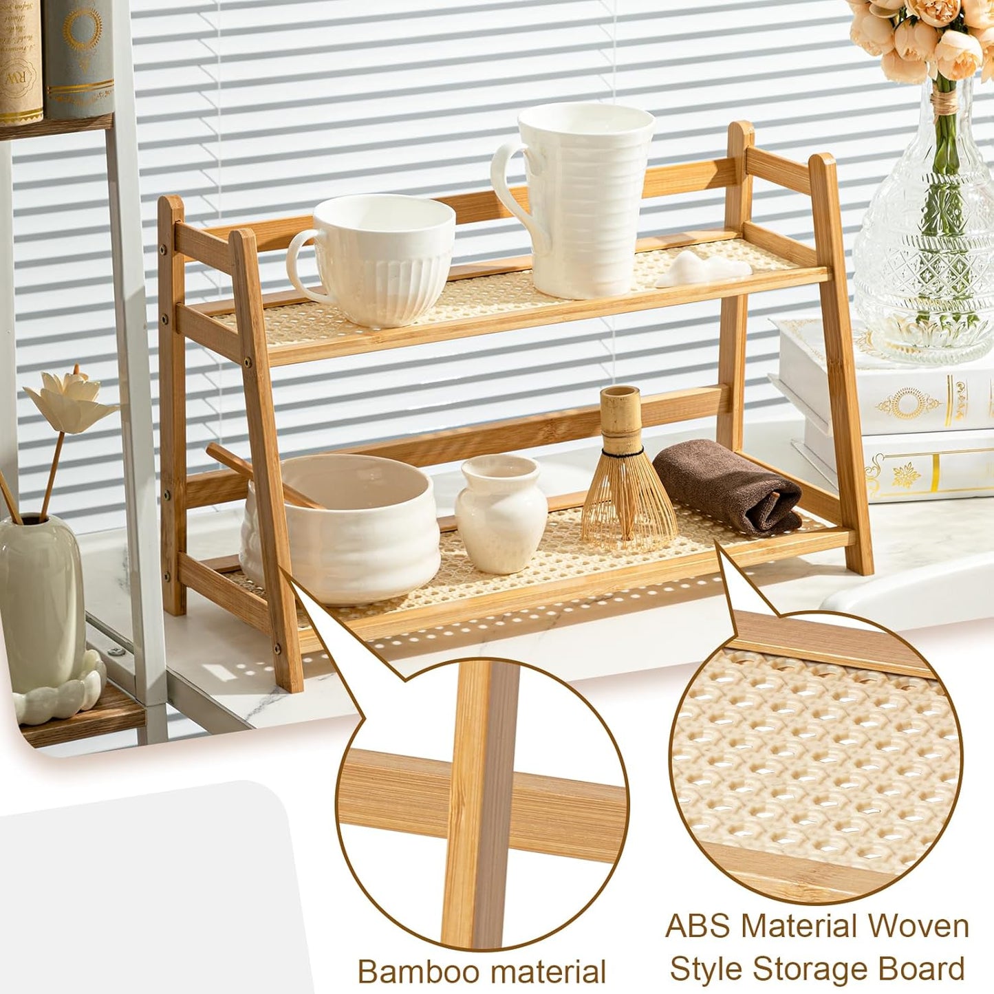 2 Pcs 17.7 Inch 2 Tier Matcha Station Shelf Bamboo Coffee Mug Stand Countertop Storage Rack, Double Layer Rattan Office Cup, Kitchen, Tea, Plant, Bar Accessories Condiment Display (Wood)