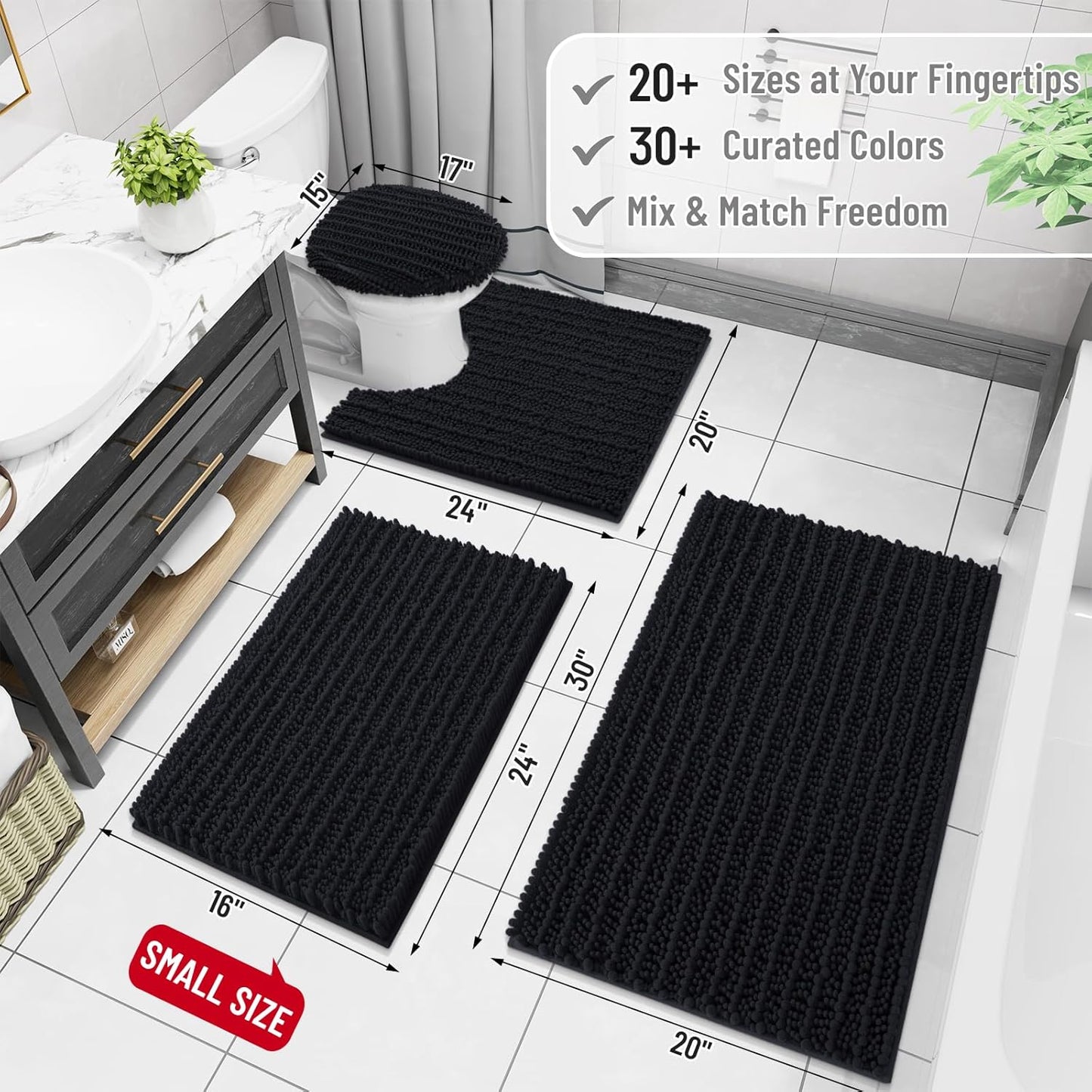Arotive Luxury Chenille Bathroom Rug Mat, Extra Soft Thick Absorbent Shaggy Bath Rugs, Non-Slip Machine Wash Dry, Plush Bath Mats for Bathroom, Shower and Tub, 47x20, Black