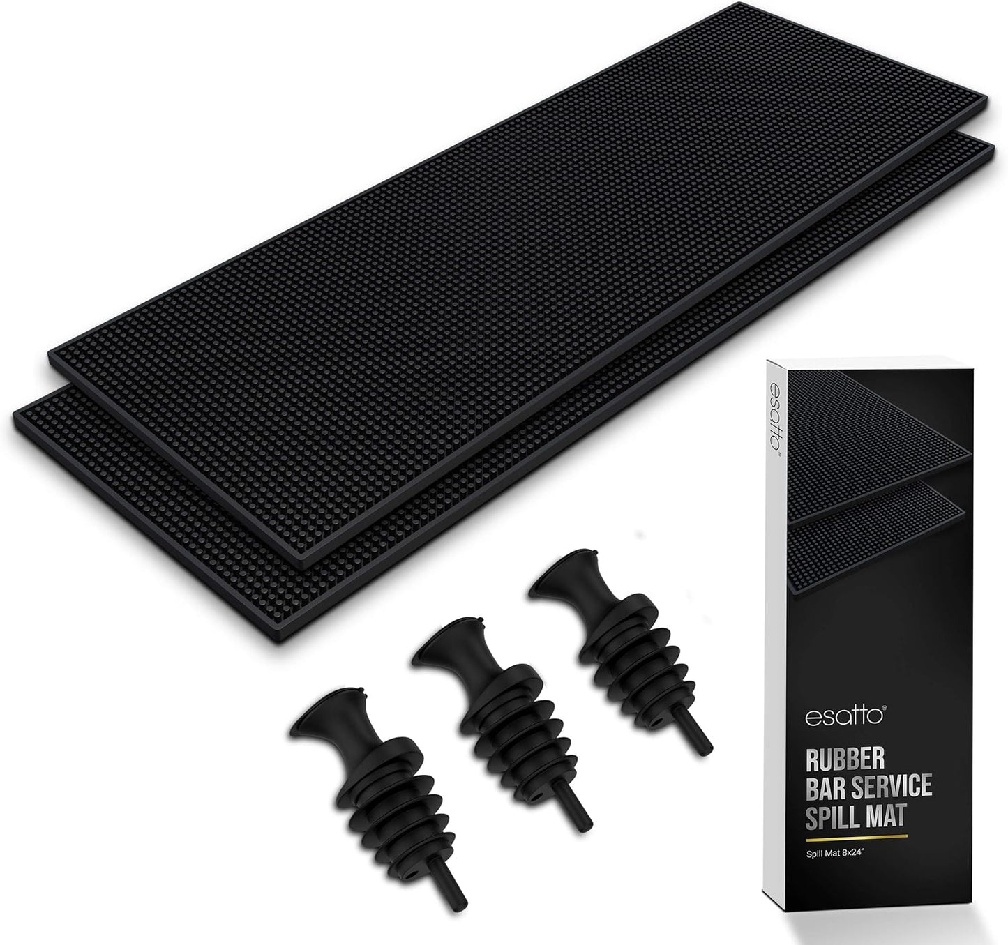 Esatto 23.375¡± x 7.75¡± Double Width Professional Spill Bar Supply Mat Bartender Non-Slip Black Bar Mat Coffee Drinks Mixing Pad for Bars, Home, Kitchen, Restaurants (2 Pack, Black) Includes 3 Pourers
