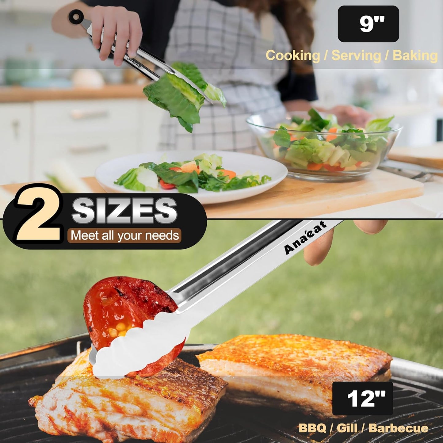 Anaeat Premium Stainless Steel Kitchen Tong Set of 2 - Sturdy Coiled Spring 9" and 12" Locking Food Tong with Non-Slip Silicone Grip for Cooking, Baking, Grilling, BBQ - Heat Resistant up to 480¡ÆF