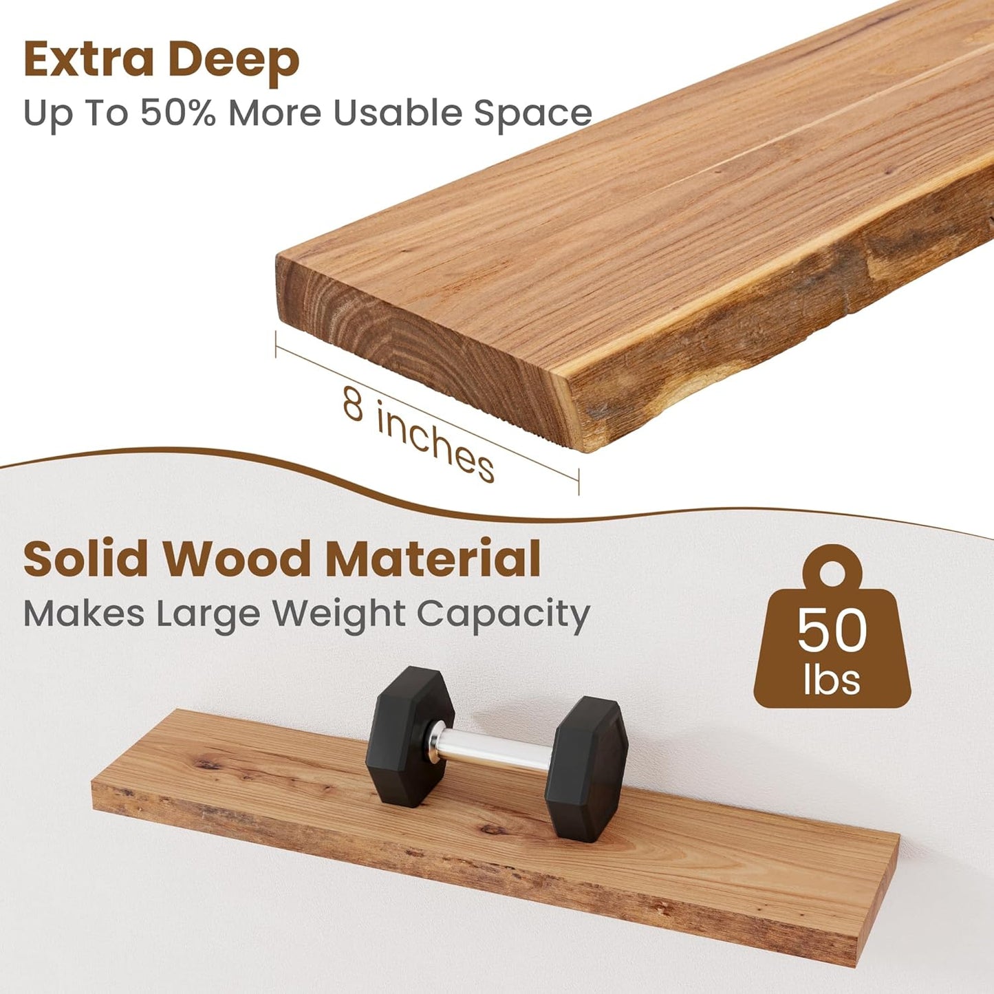 Floating Shelves for Wall Decor, Rustic Solid Elm Wood Live Edge Floating Shelves Wall Mounted, Wall Shelves with Invisible Bracket for Living Room Bathroom Bedroom Kitchen, 32 Inch Set of 2, Natural