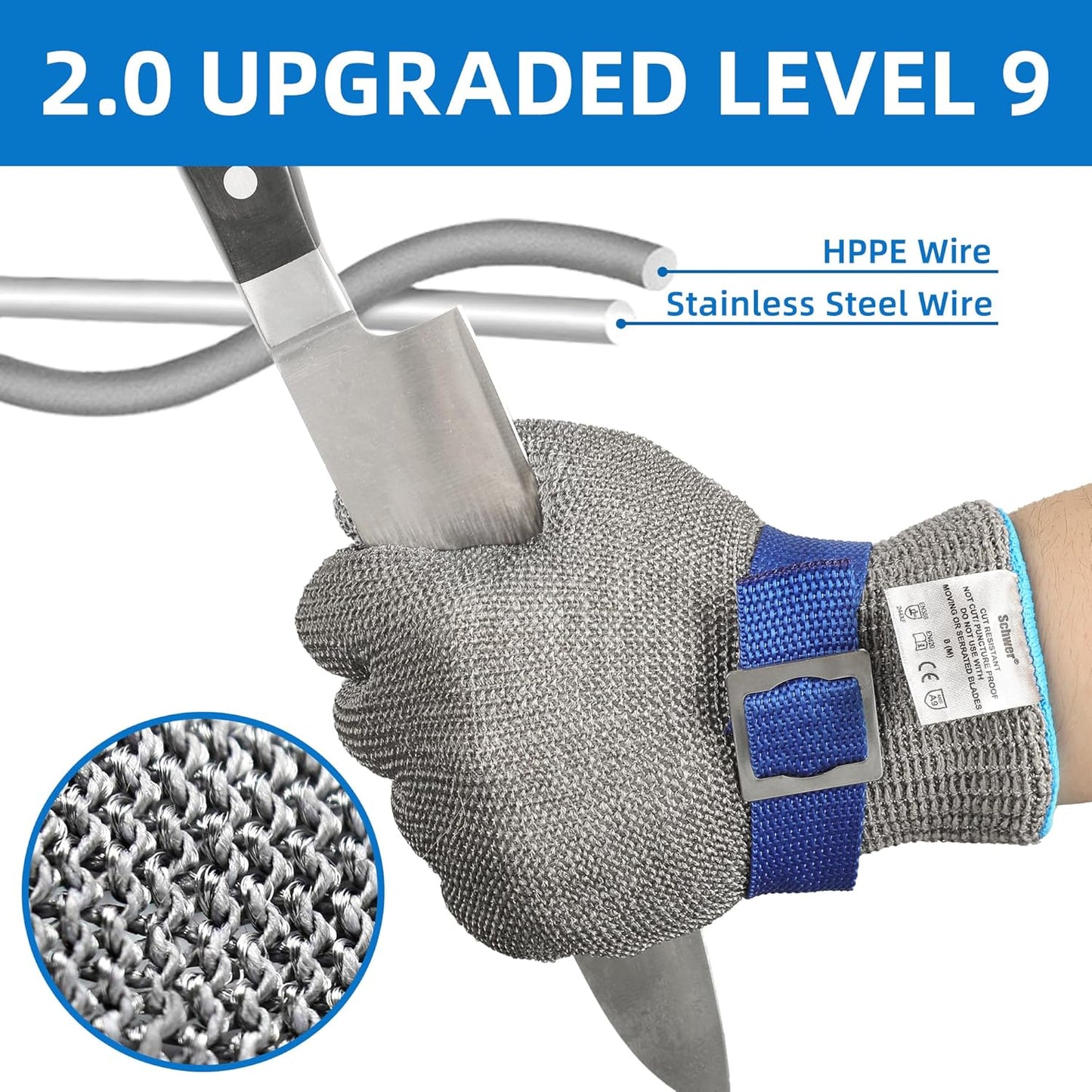 Schwer ANSI A9 Cut Resistant Glove, Food Grade Stainless Steel wire Mesh Metal Gloves, Knife Cutting Gloves for kitchen Mandoline Slicing Butcher Meat Cutting Oyster Shucking Fish Fillet（L, 1 PCS）