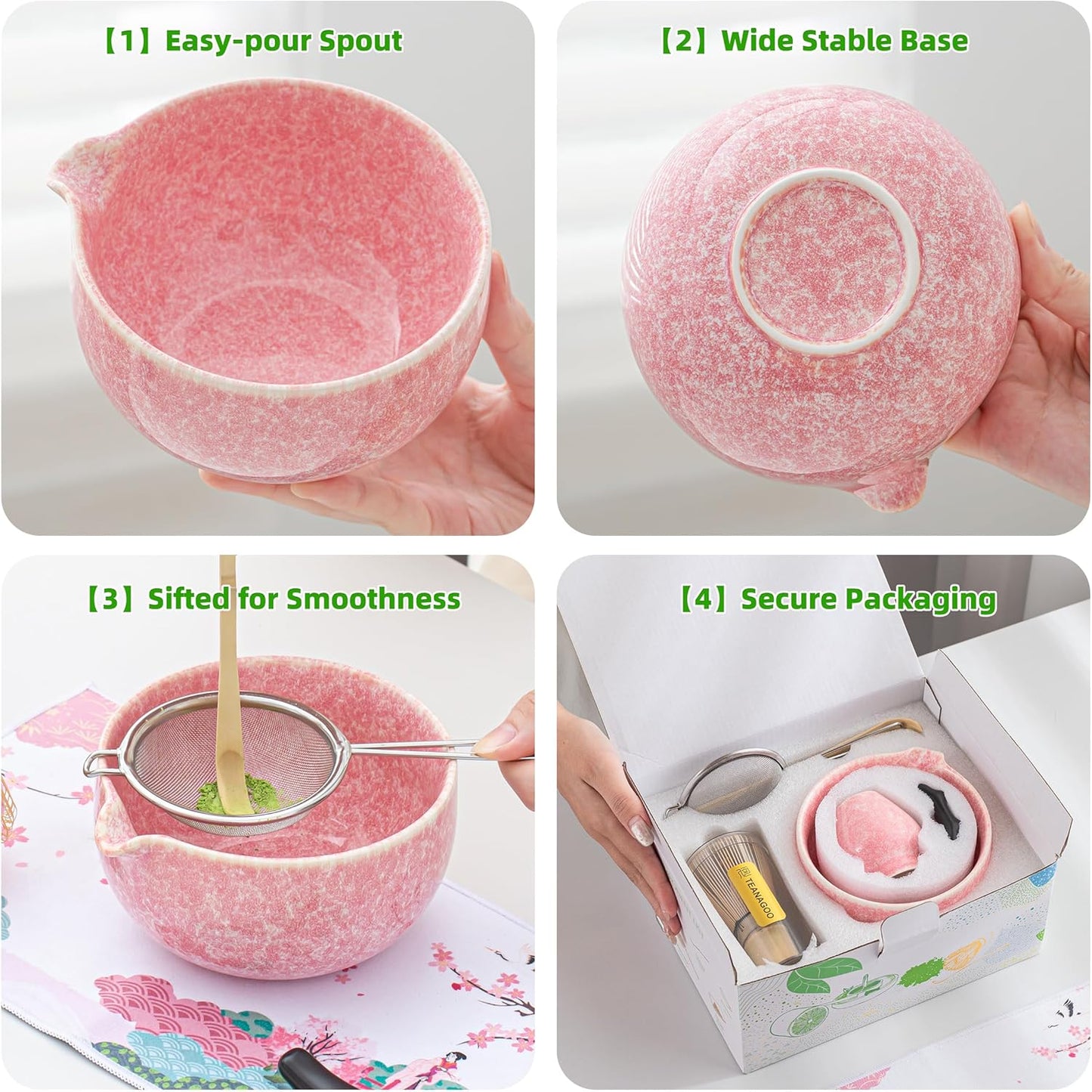 TEANAGOO Matcha Whisk Set,7 Pcs Matcha Set Pink,Ceremony Matcha Kit,Matcha Tea Set for Making Latte,Ceramic Bowl(chawan) whith Spout and Whisk,Gift for Matcha Lovers