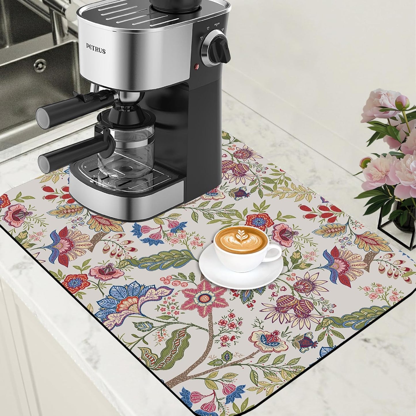 Colorful Flowers Dish Drying Mat for Kitchen Counter Coffee Bar Mat Hide Stain Absorbent Rubber Backed Coffee Maker Espresso Machine Accessories 15.7 x 23.6 Inch