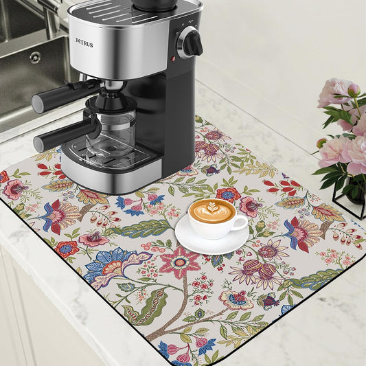 Colorful Flowers Dish Drying Mat for Kitchen Counter Coffee Bar Mat Hide Stain Absorbent Rubber Backed Coffee Maker Espresso Machine Accessories 15.7 x 23.6 Inch