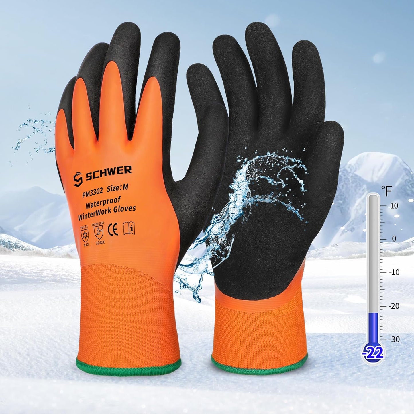 Schwer 2 Pairs FreezeGuard Winter Work Gloves, ANSI A2 Cut Resistant Freezer Gloves for Outdoor Cold Weather Keep Hands Warm, Waterproof Gloves for Shoveling Snow, Ice Fishing, M