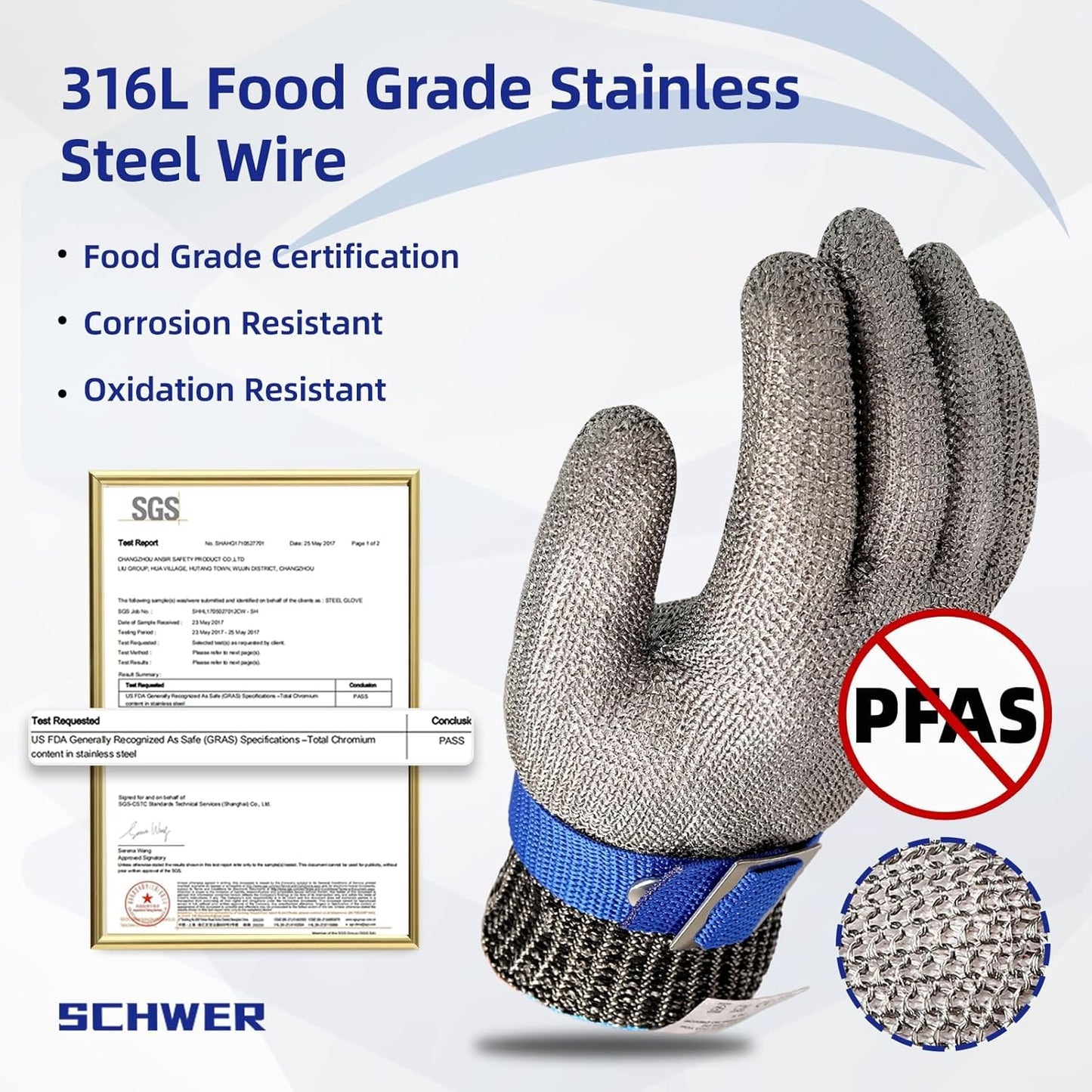 Schwer SlicePro ANSI A9 Cut Resistant Glove PR1706, Stainless Steel Mesh Metal Glove, Food Grade for Kitchen Cooking, Butcher Meat Cutting, Oyster Shucking, Mandoline, Non-PFAS (XL, 1 PCS)