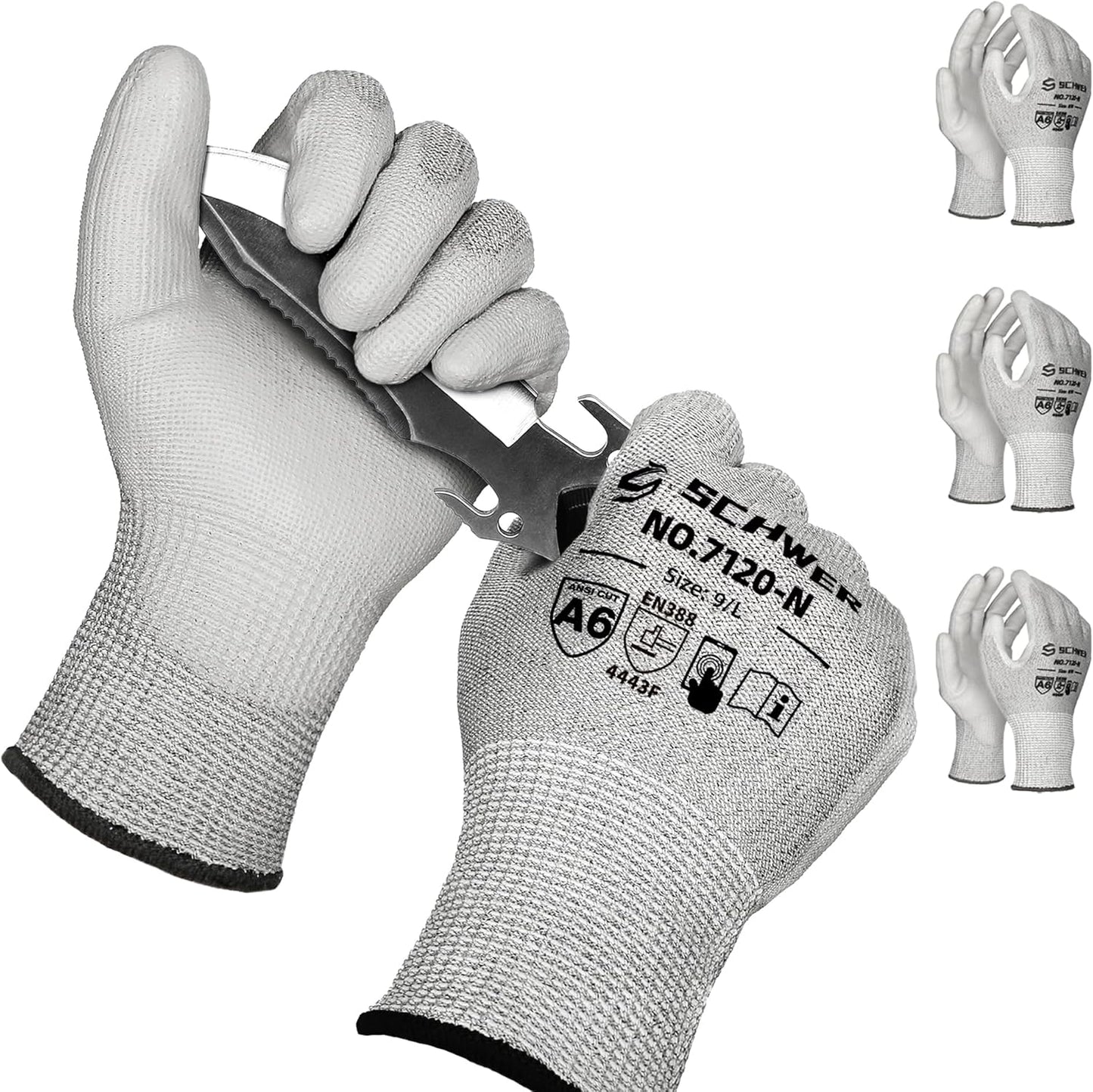 Schwer 3 Pairs Cut Resistant Gloves ANSI A6 Cut Proof Work Gloves, Touchscreen, for Men and Women Used to Woodworking, Glass Cutting, Construction, Cargo Handling, Material Sorting, Car Repair, L